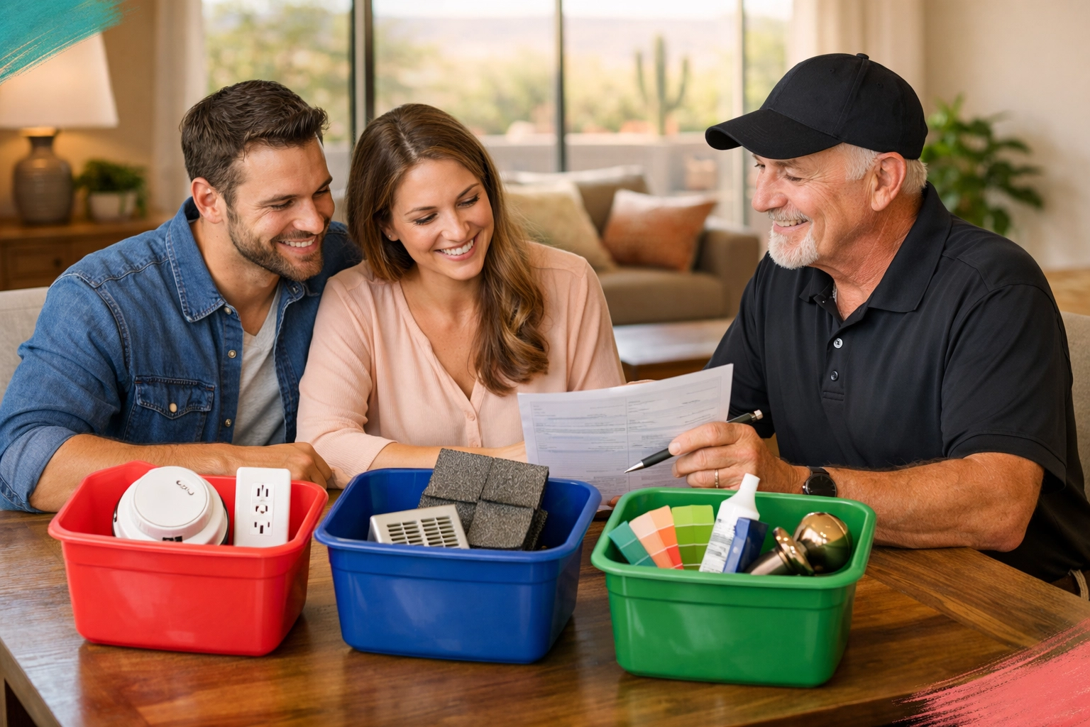 Arizona homebuyers and inspector sorting inspection findings into safety, systems, and maintenance buckets. Arizona homebuyers and inspector sorting inspection findings into safety, systems, and maintenance buckets.