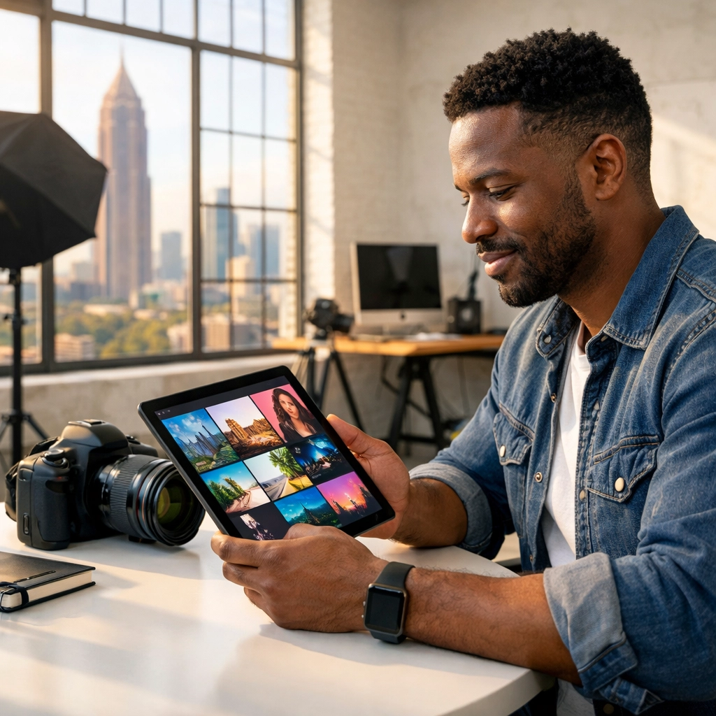 Professional photographer in an Atlanta studio reviewing a digital portfolio to improve their booking experience.