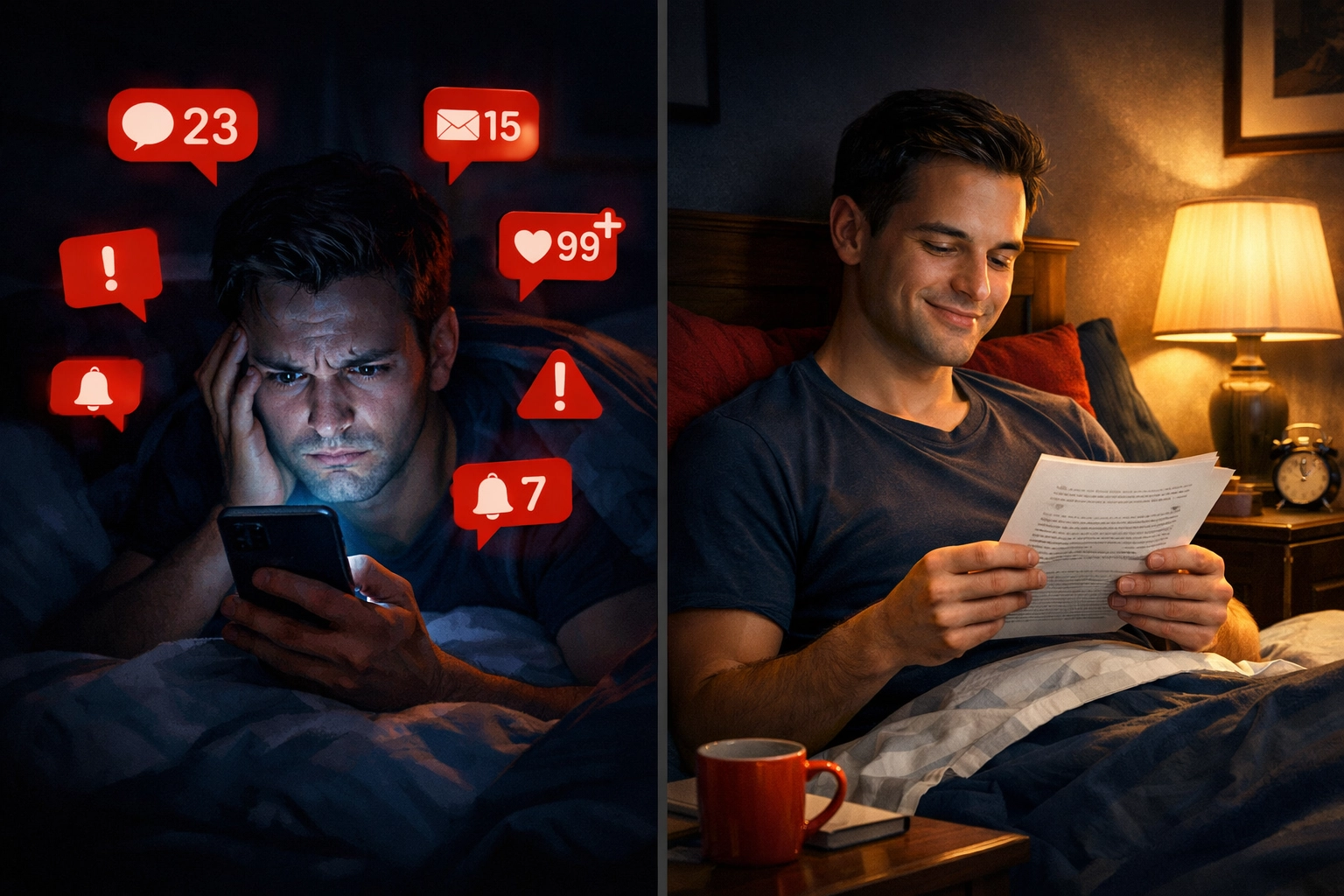 Contrast between anxious phone scrolling and peaceful evening news reading