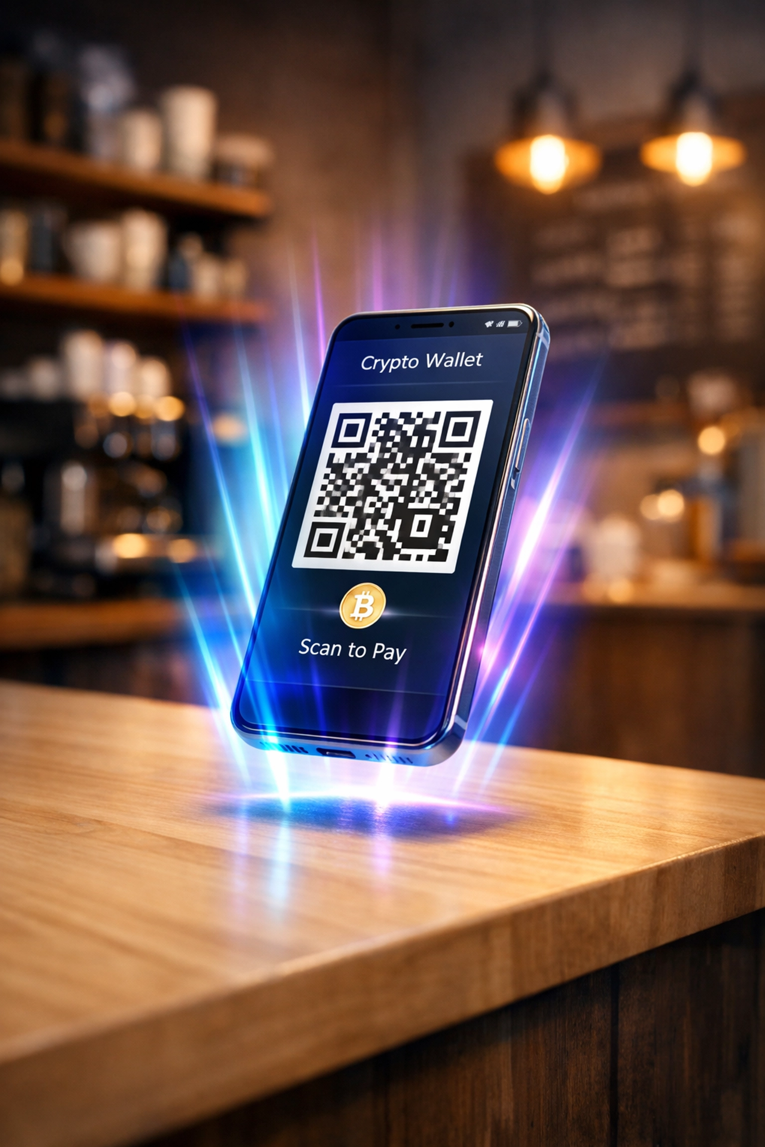 Crypto POS QR code payment on smartphone at small business retail counter