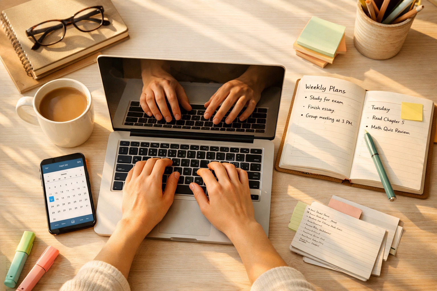 Student managing flexible online course schedule with laptop and planner