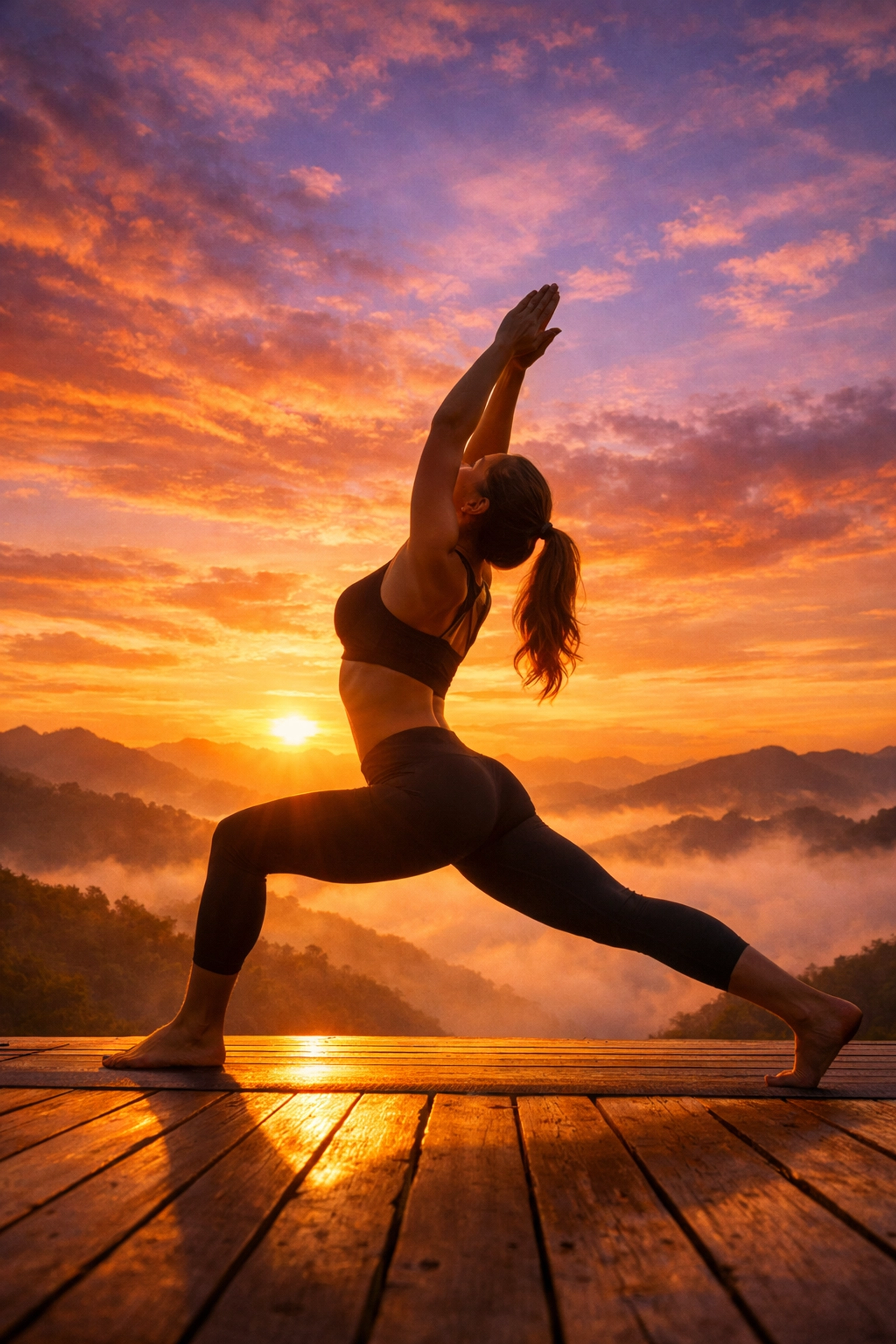 Woman practicing morning yoga at sunrise as part of successful daily routine