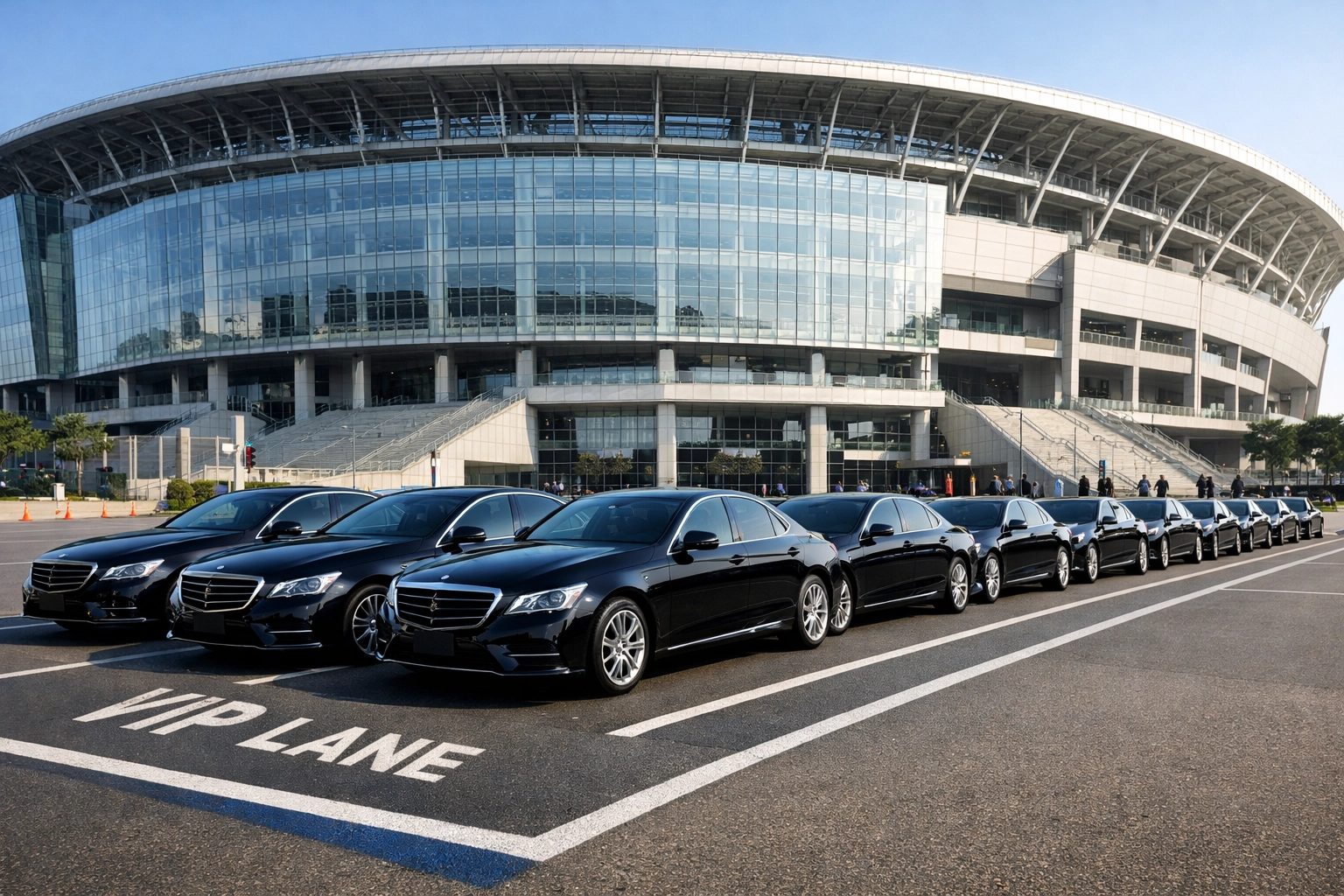 Premium executive sedans lined up in a VIP lane at a stadium for elite event transportation logistics.