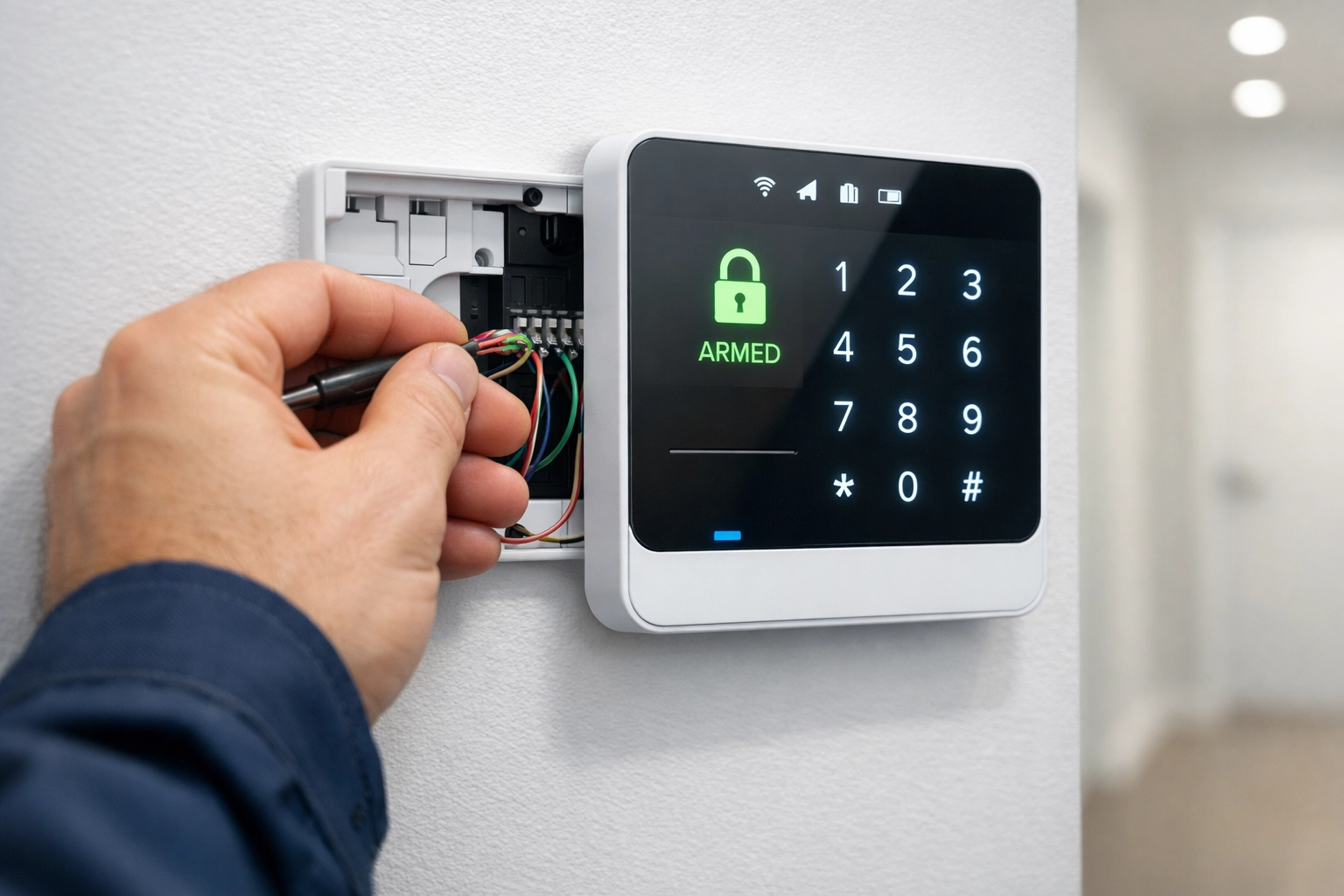 Security technician installing a high-tech intruder alarm system in a Portsmouth home.