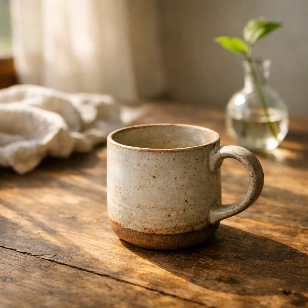 Ceramic mug in soft sunlight, symbolizing emotional intelligence and tranquility in household relationships.