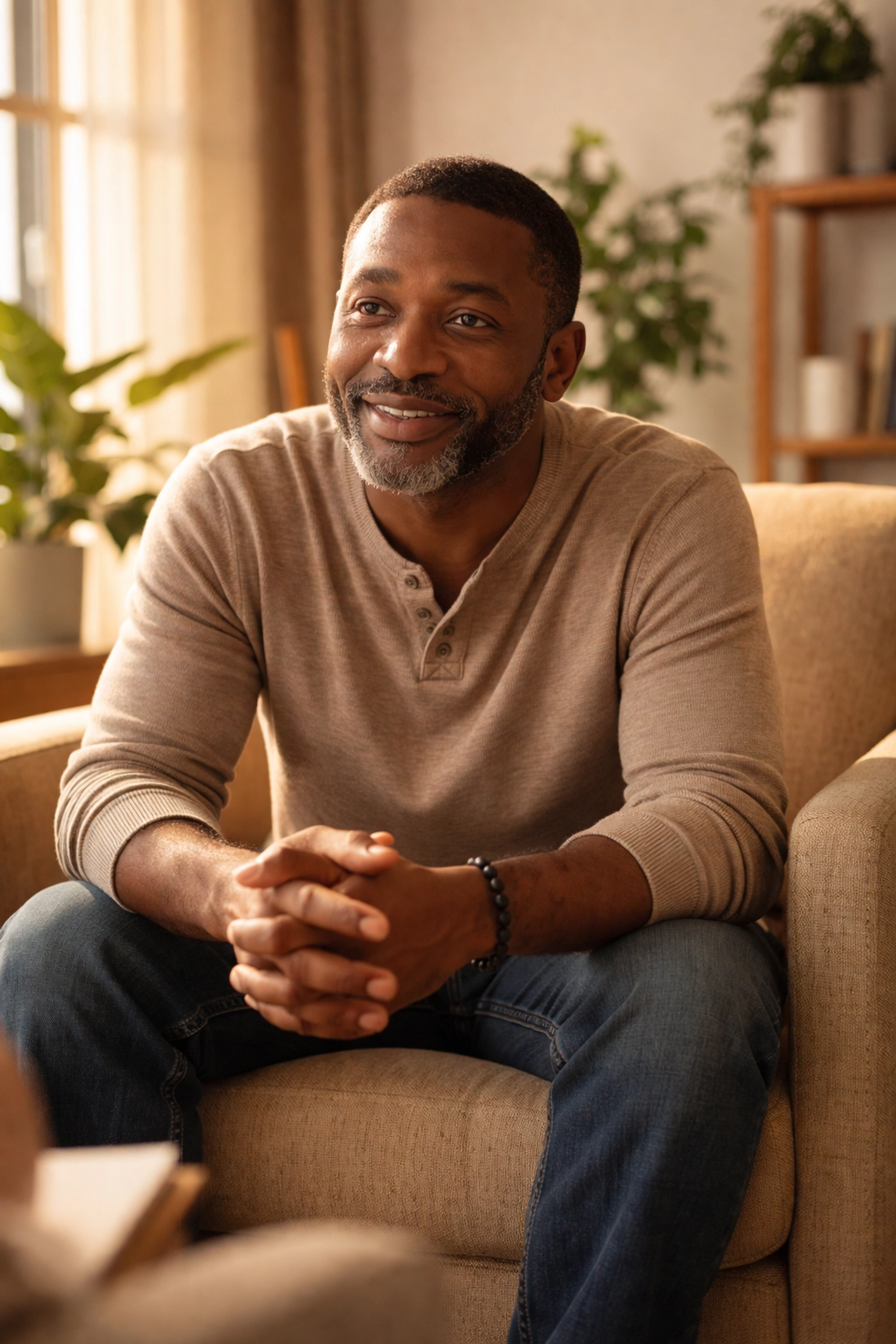Black man in a therapy office with a hopeful expression, illustrating safe space for mental health support.