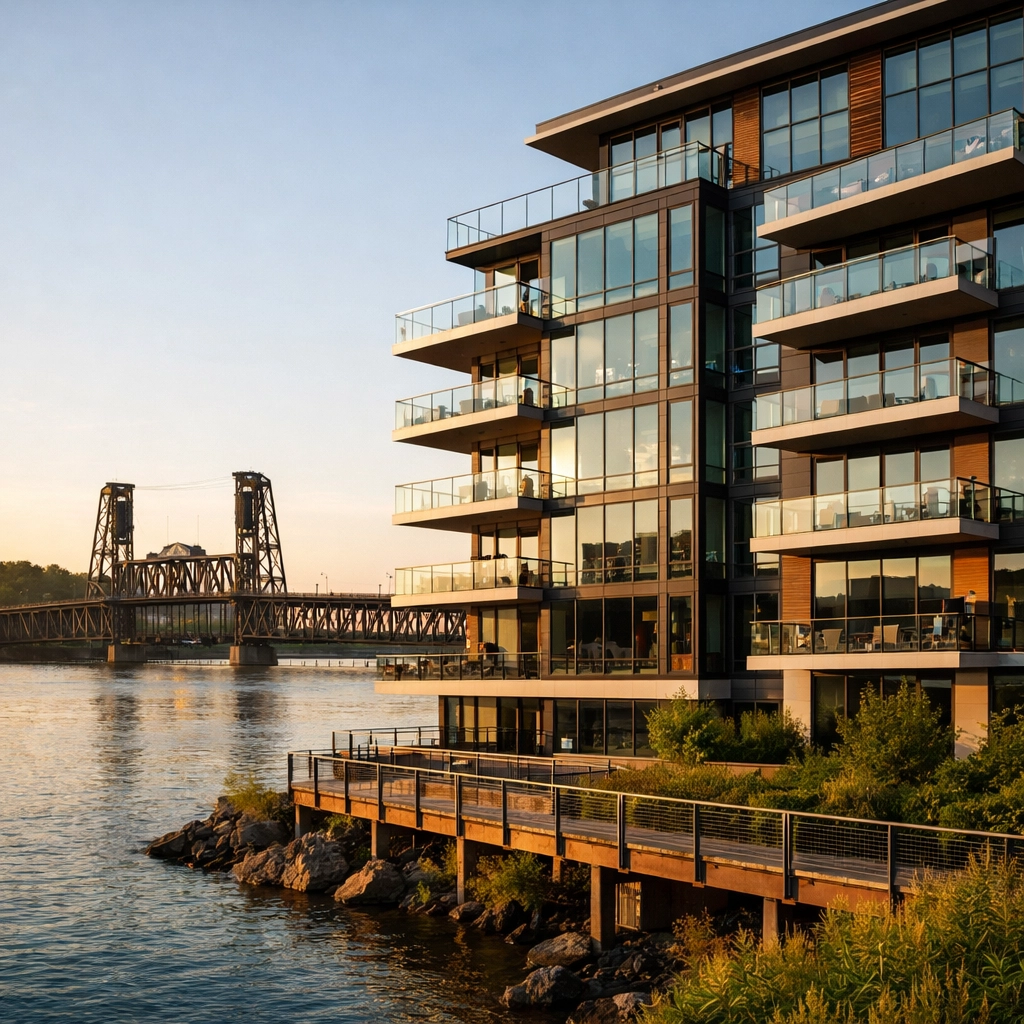 Modern condominium building along the waterfront in Portland, Oregon