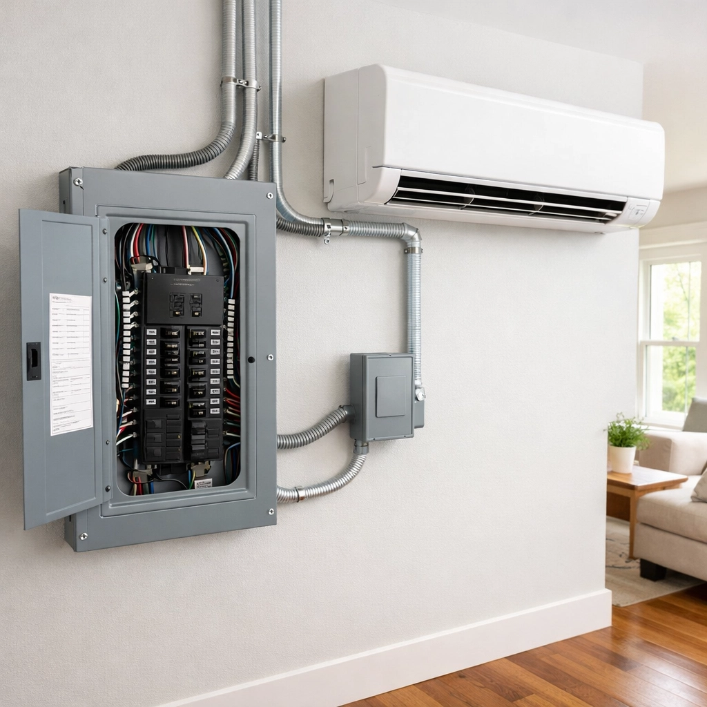 Heat pump and electrical panel installation in modern Maine home for Efficiency Maine rebate