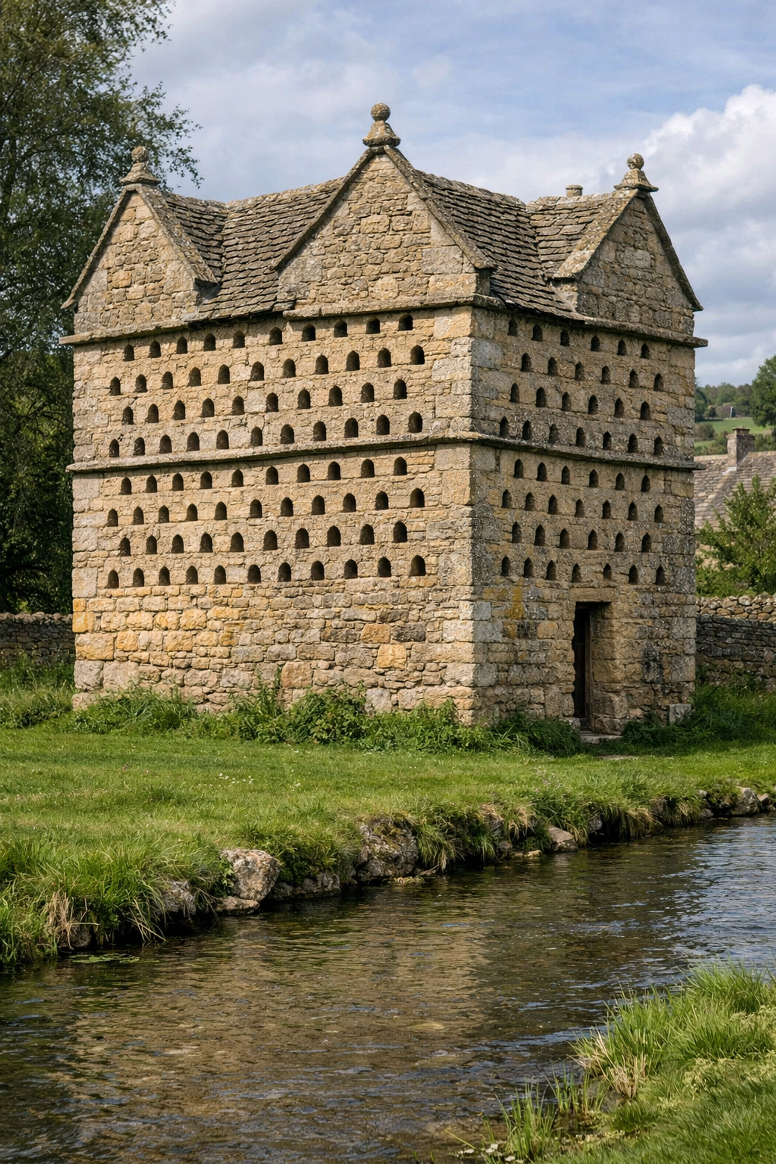 The historic 17th-century Naunton Dovecote by the riverbank in the heart of the Cotswolds.