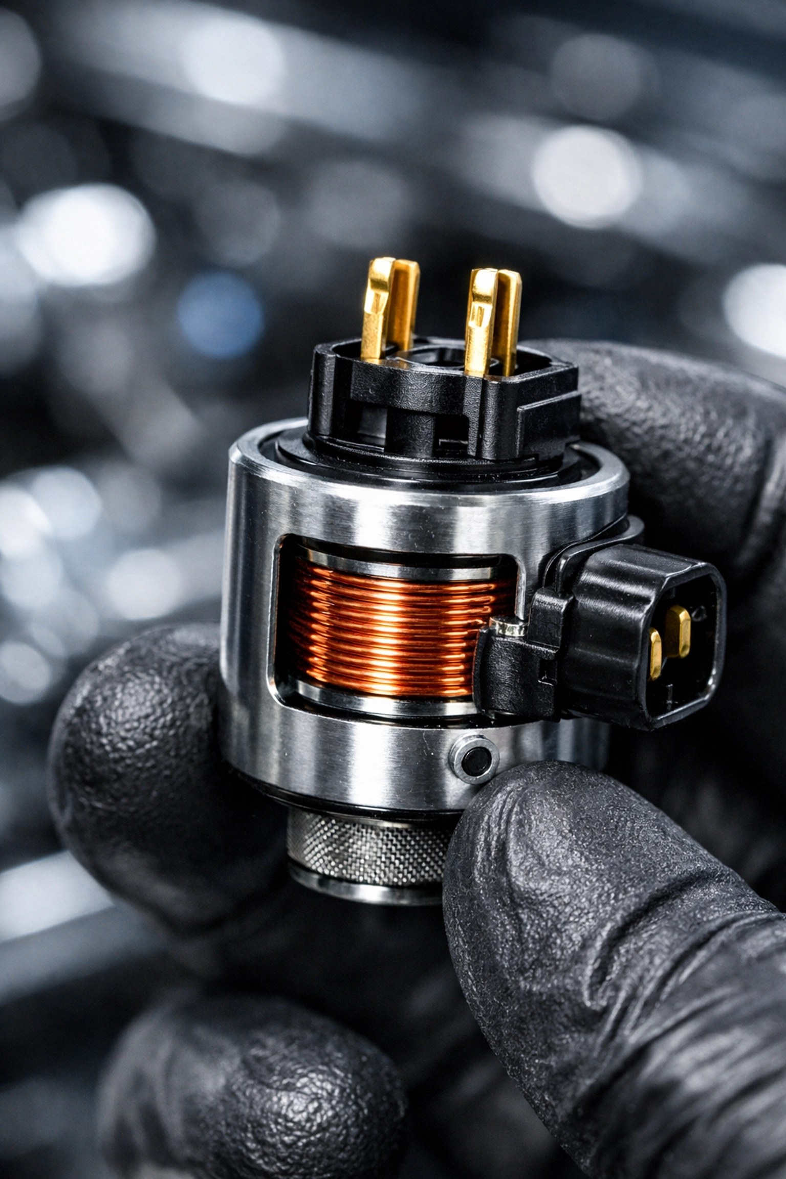 Professional mechanic holding a transmission shift solenoid during a diagnostic service in Youngstown.