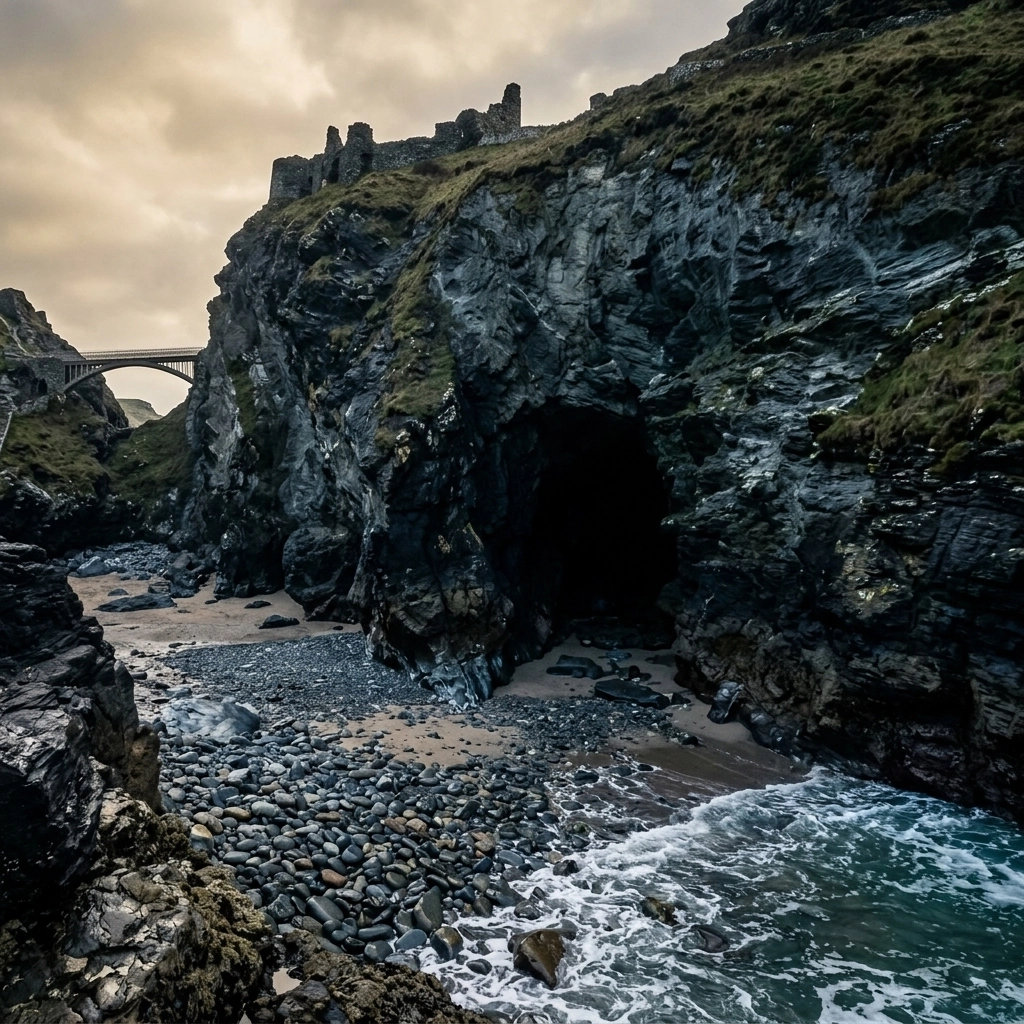 The dark and mysterious entrance to Merlin's Cave at Tintagel Haven