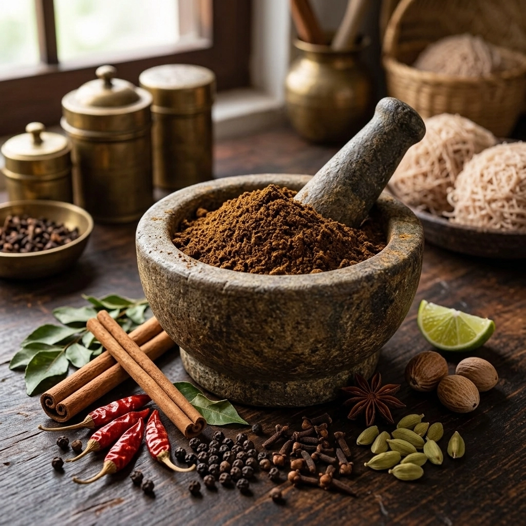 Close-up of Sri Lankan roasted curry powder and spices in a stone mortar.