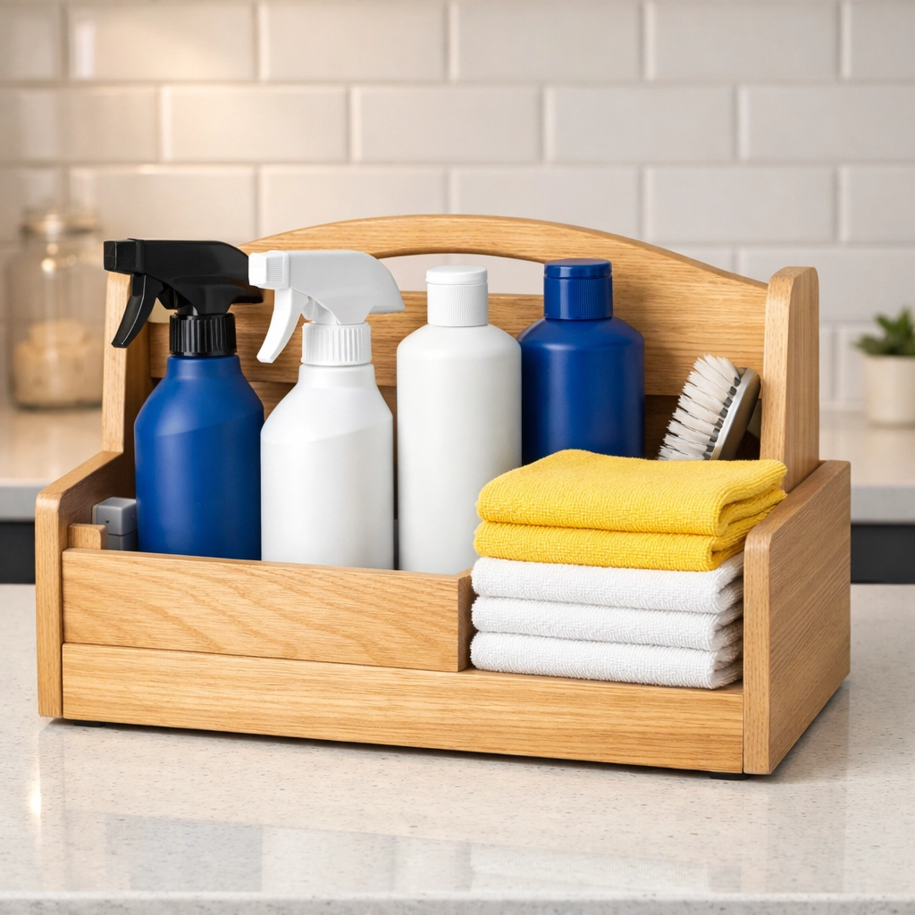 Organized luxury residential cleaning supplies used for professional home maintenance in Lexington.