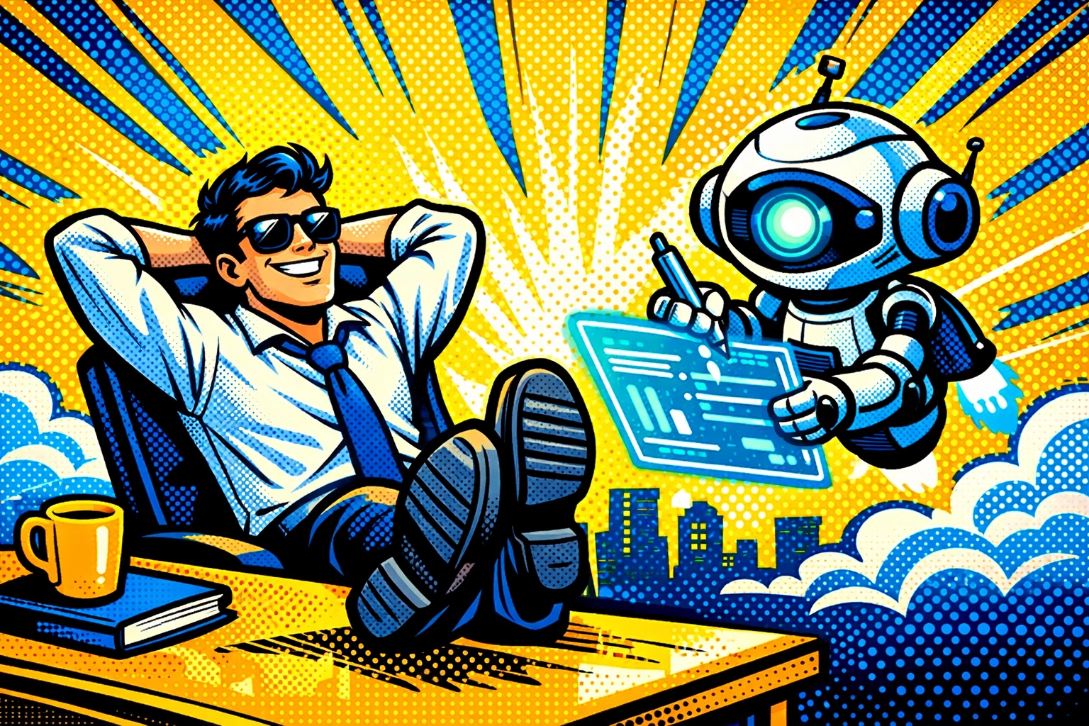 AI meeting assistant robot taking notes for a relaxed professional to save time on business admin.