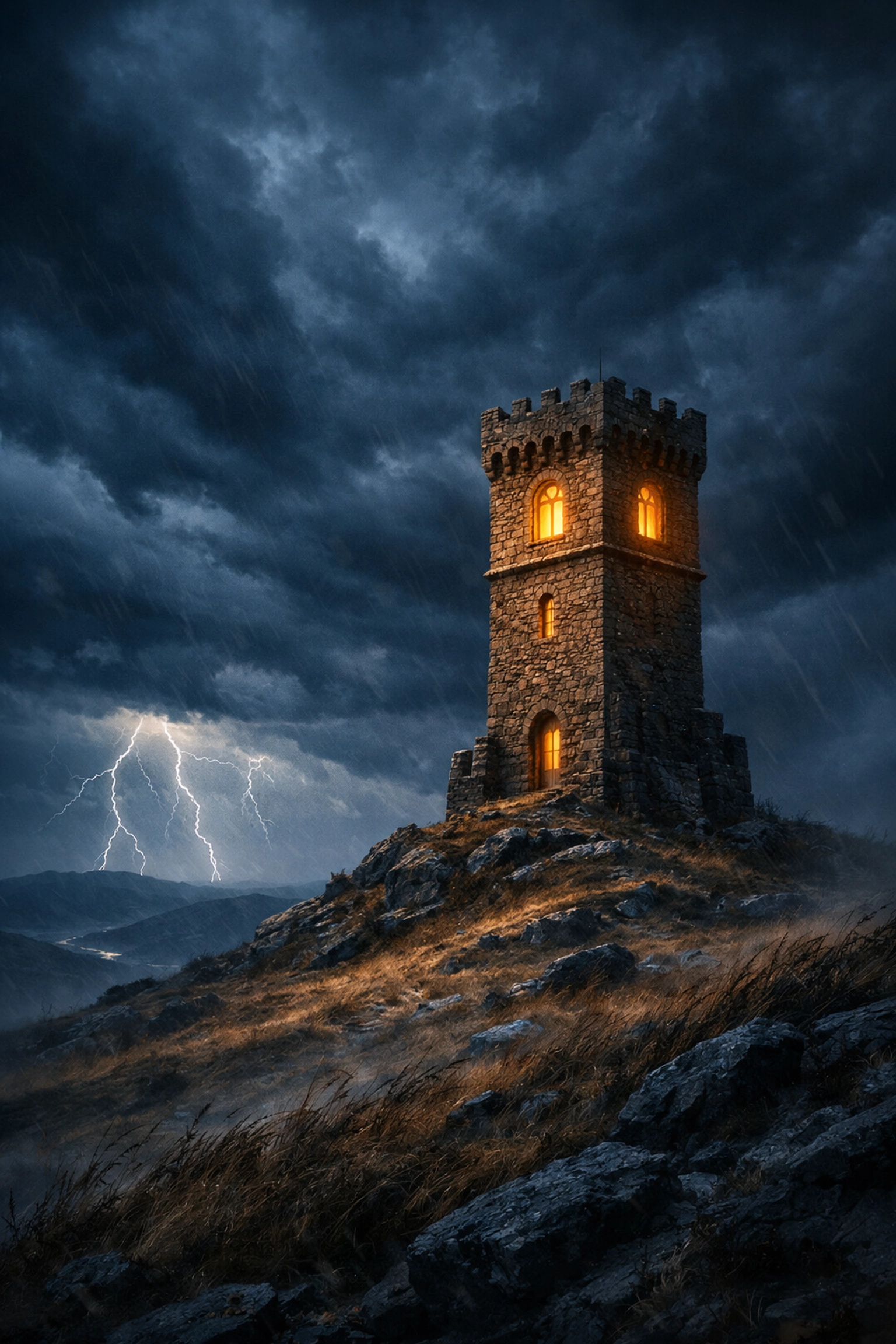 Strong tower standing firm in storm symbolizing biblical refuge and faith during uncertainty
