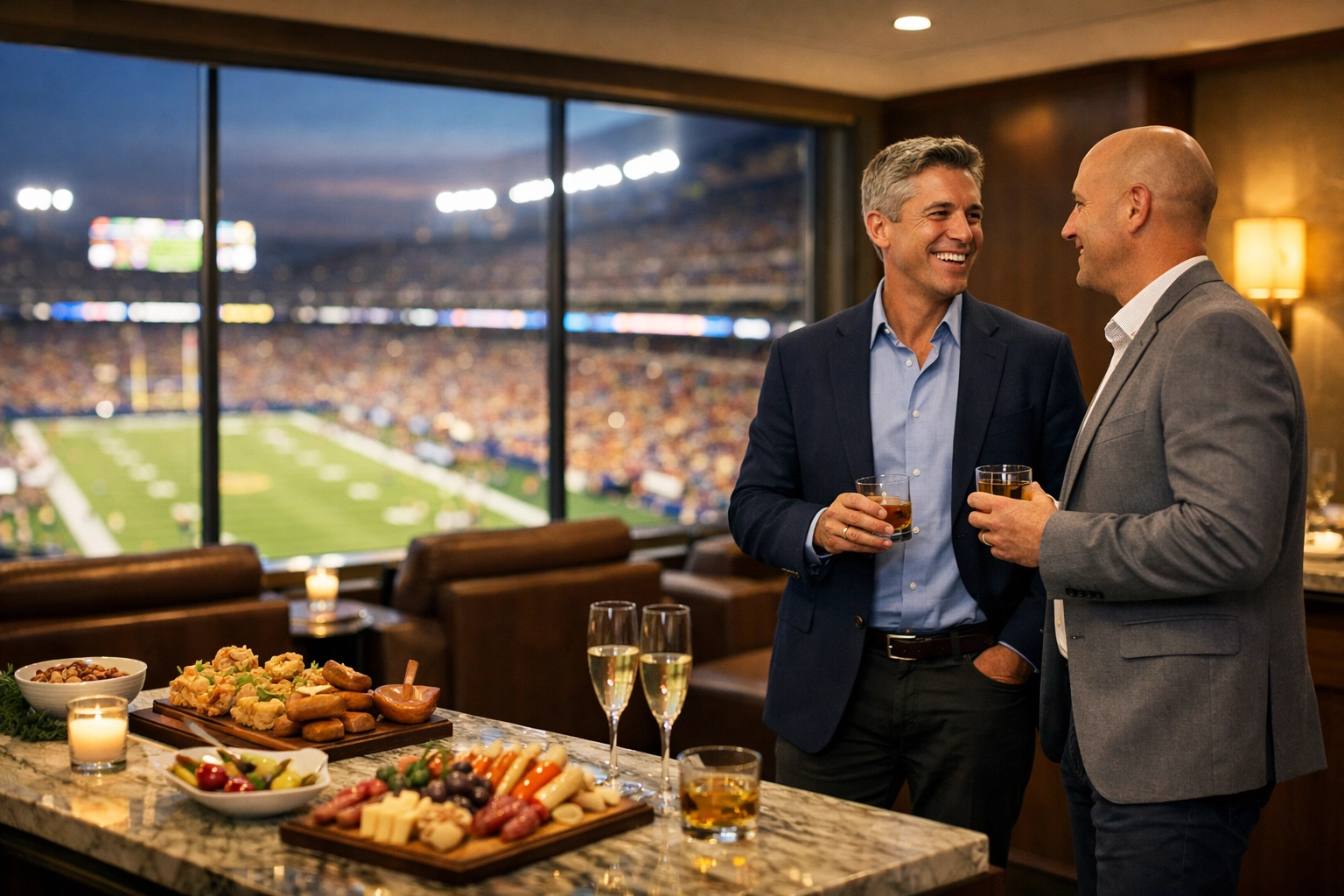 Executives networking in a luxury corporate stadium suite overlooking a high-profile football game.