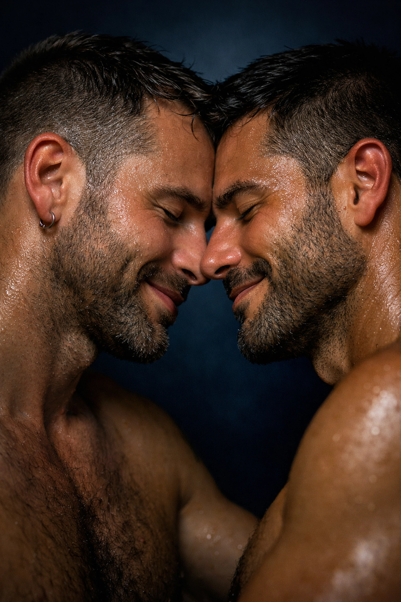 Close-up of an intimate gay couple sharing a moment of trust and reclaimed joy in their sexual health journey.