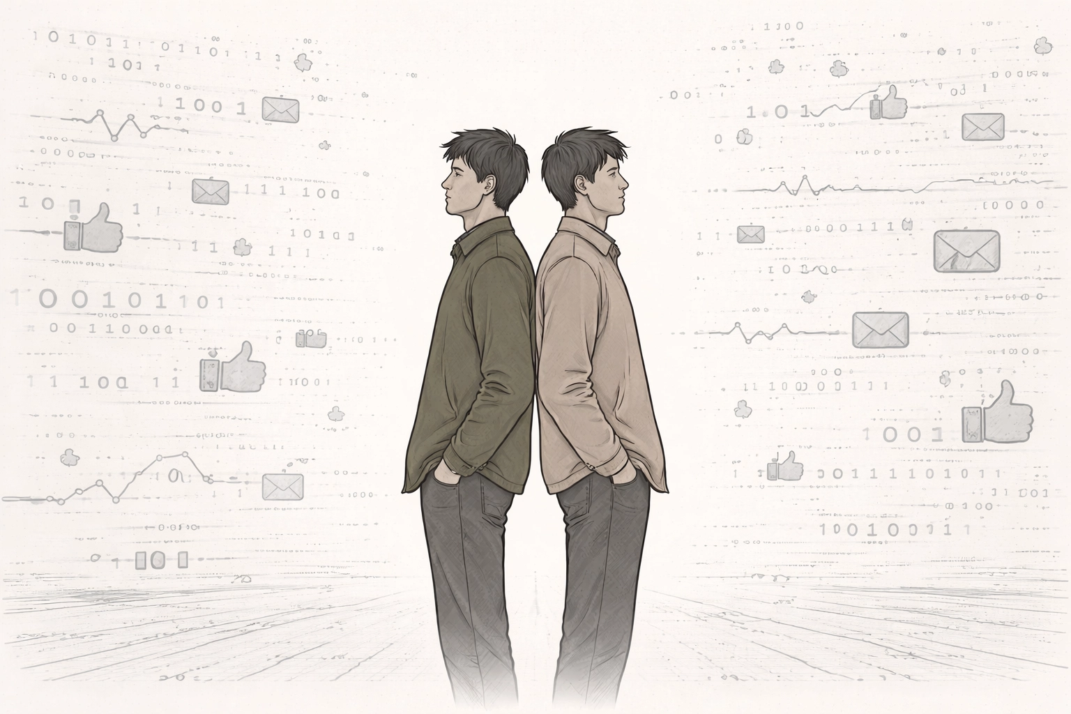Two men stand back-to-back in a digital world, representing human connection in queer fiction beyond algorithms.
