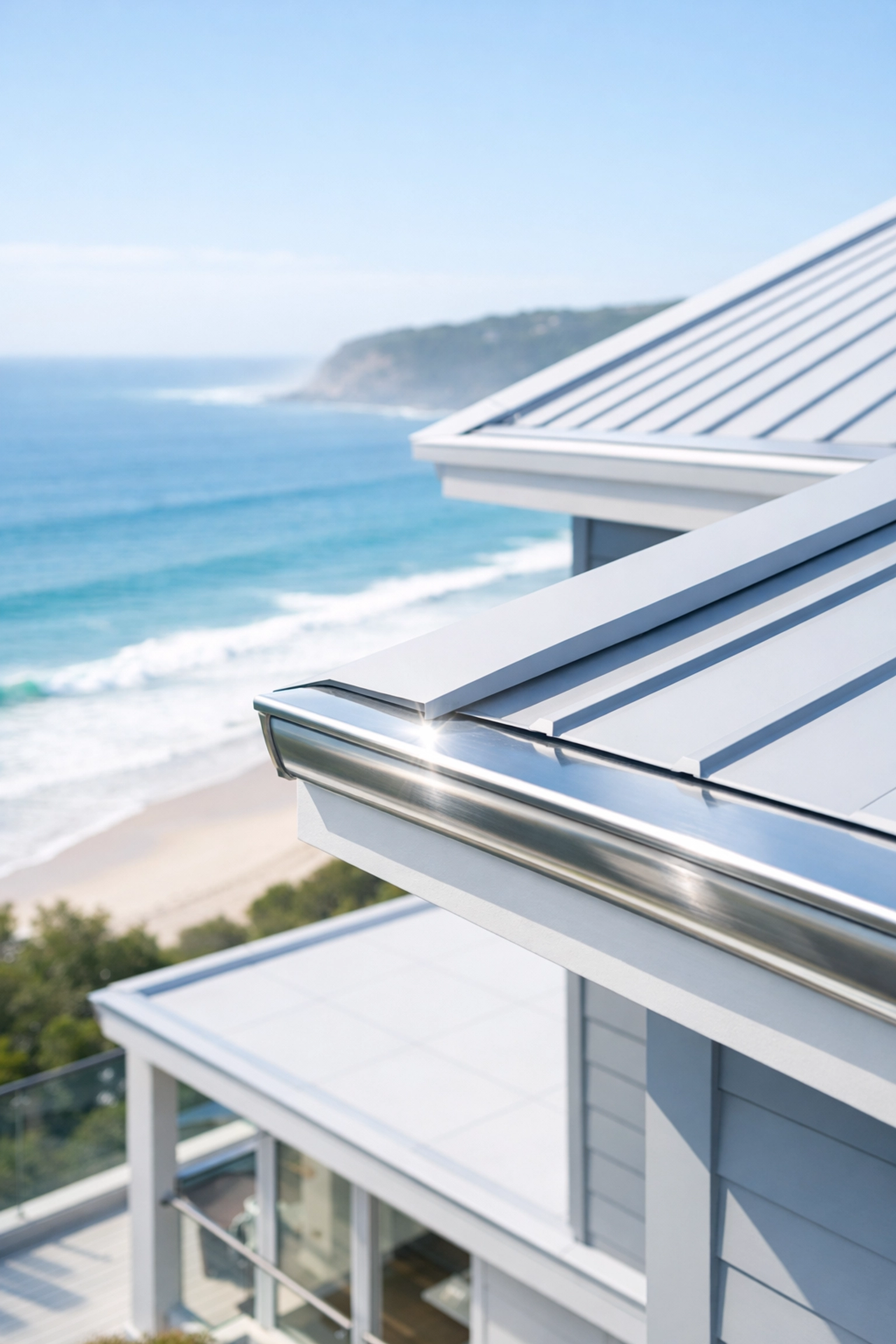 Modern coastal home roofline with clean metal gutters overlooking the Northern Beaches ocean.