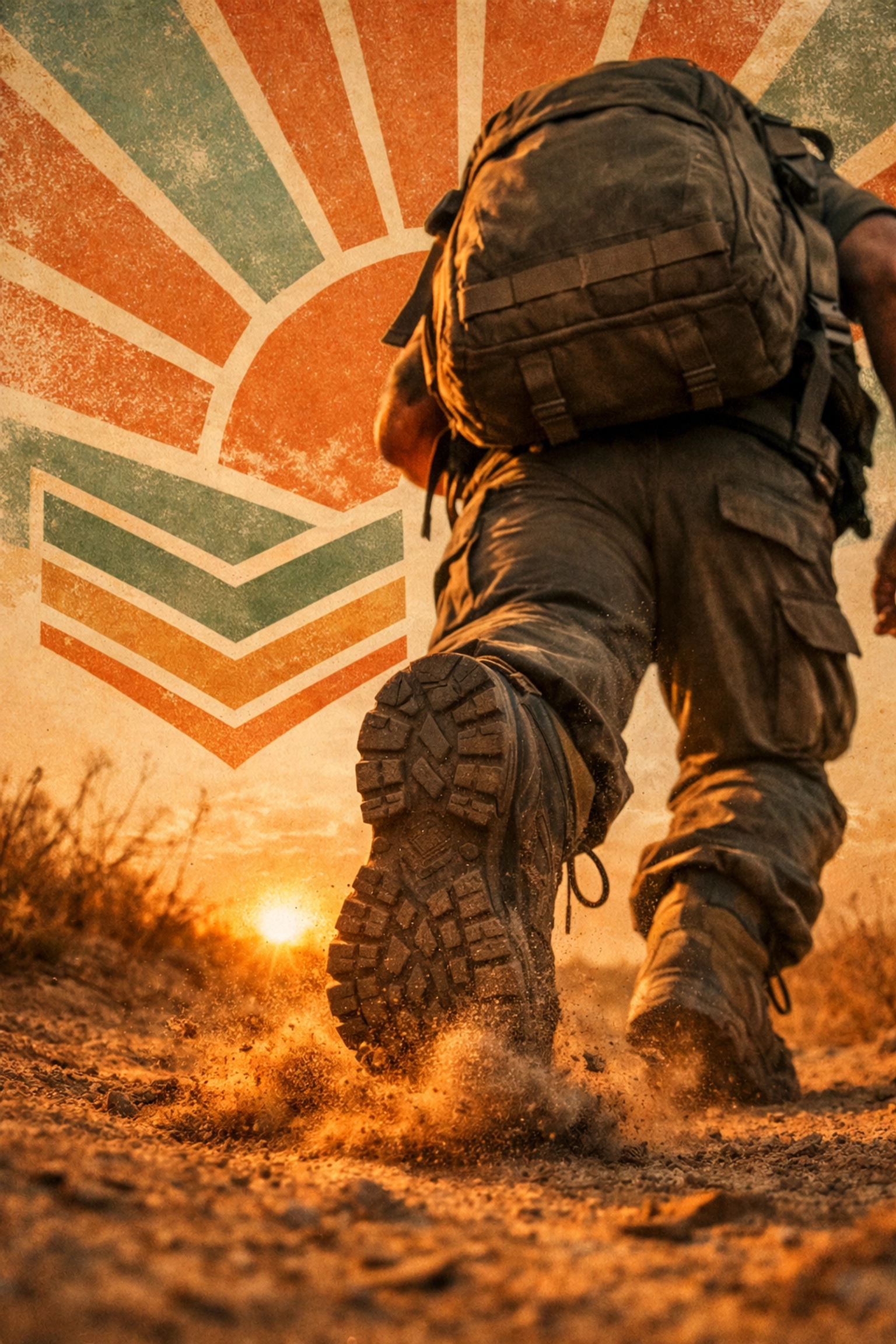 A person rucking on a trail at sunrise, mastering their morning PT routine with tactical gear.