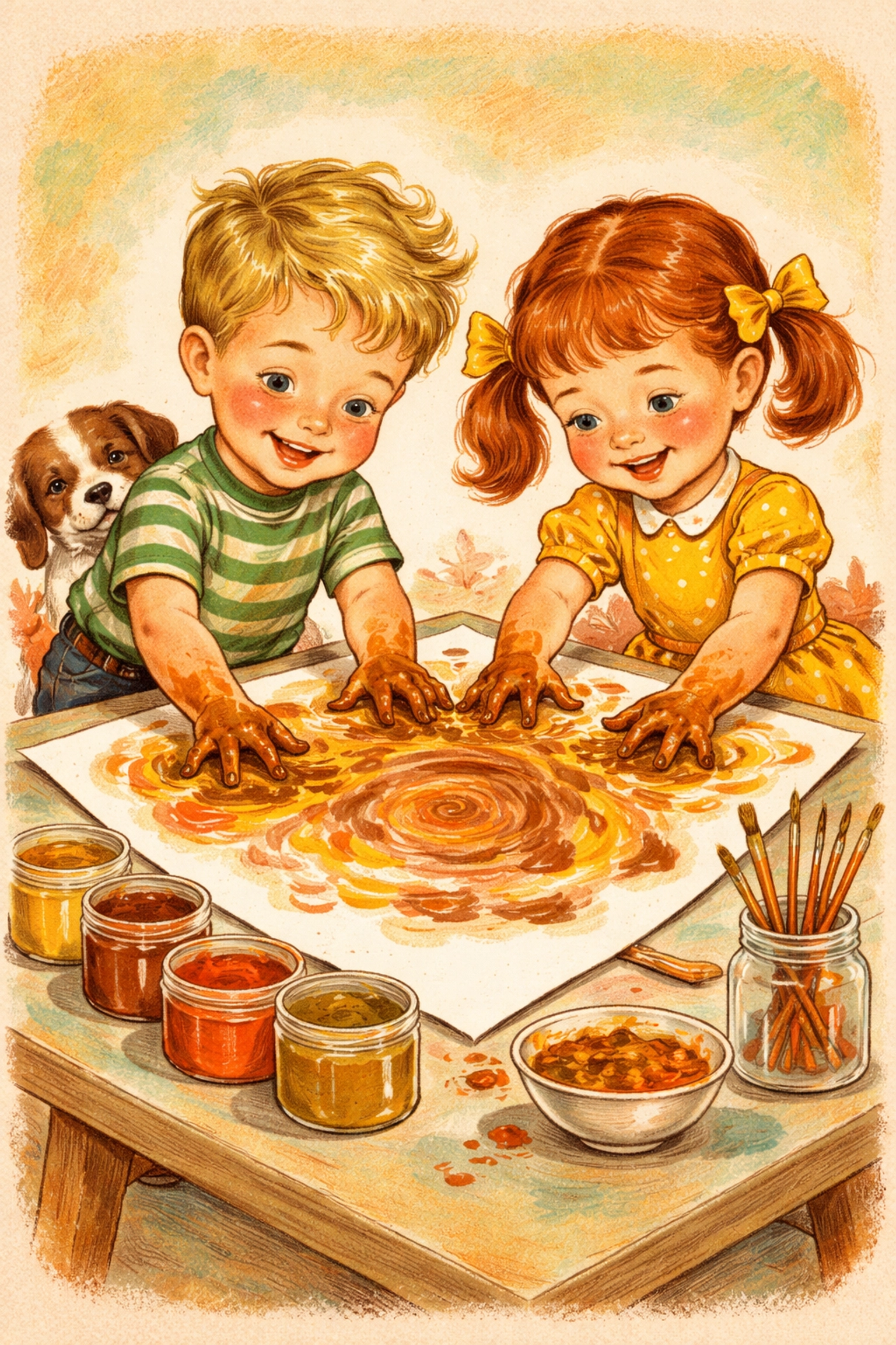 Two children finger painting with spice paints in warm autumn colors on thick white paper