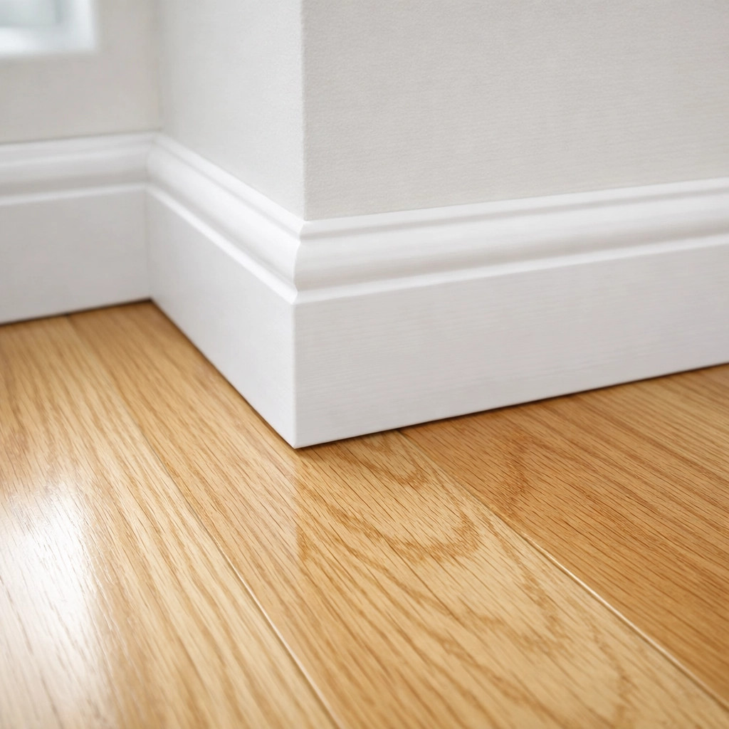 Close-up of dust-free white baseboards and clean hardwood floors after a thorough move-out cleaning service.