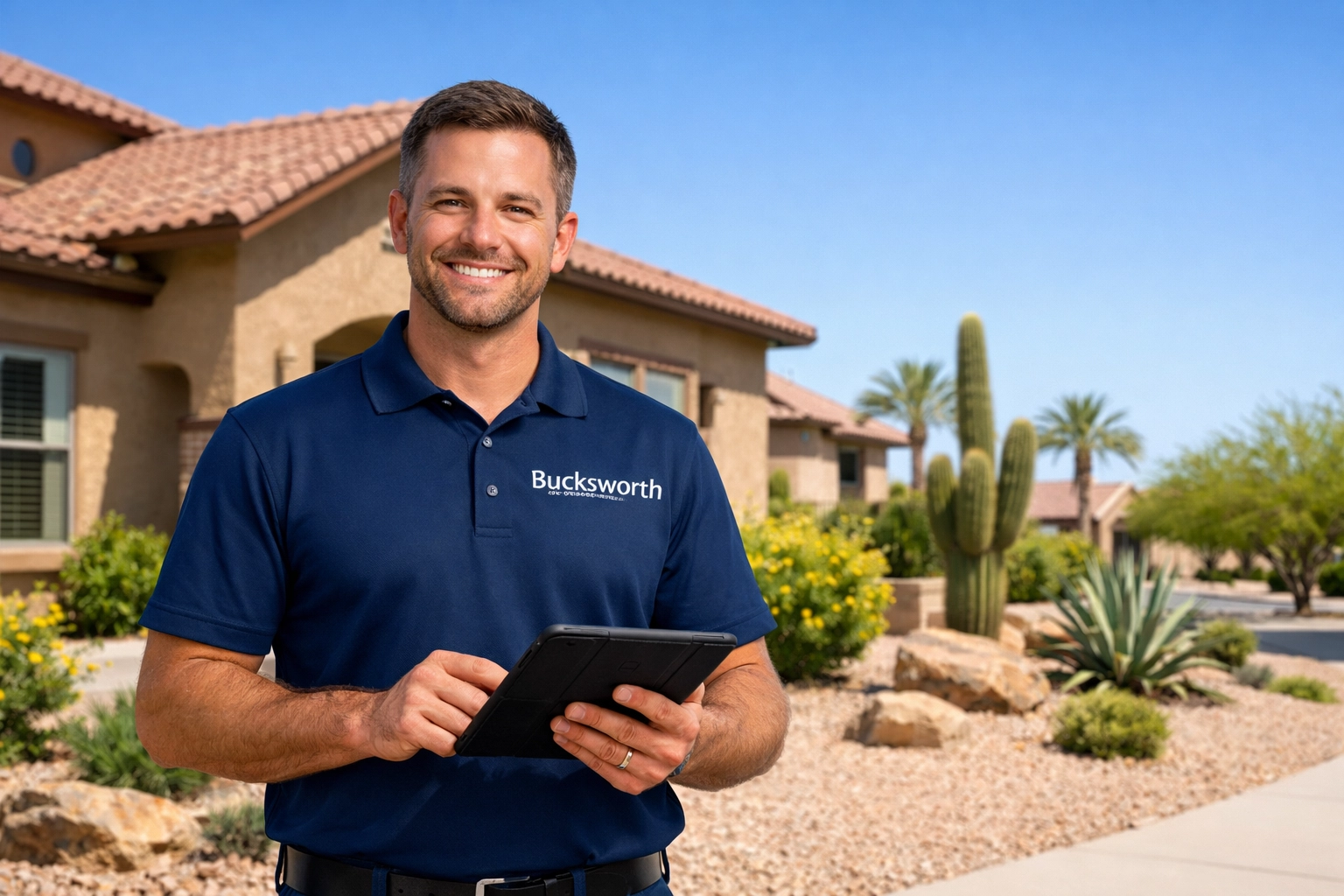 Professional plumber in Litchfield Park AZ conducting a home inspection for Bucksworth Home Services.