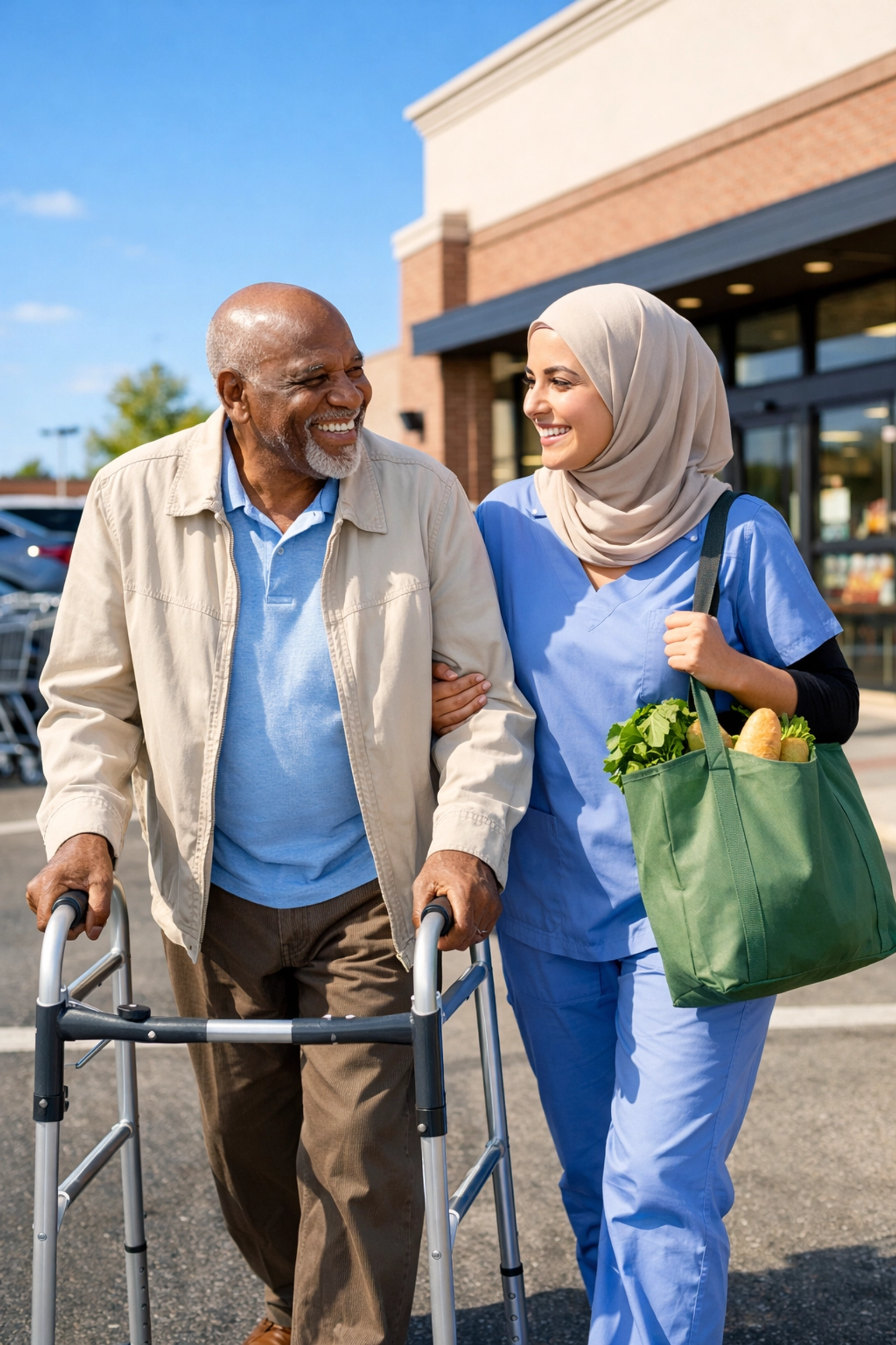Personal care services: caregiver assisting senior with walker during grocery shopping trip