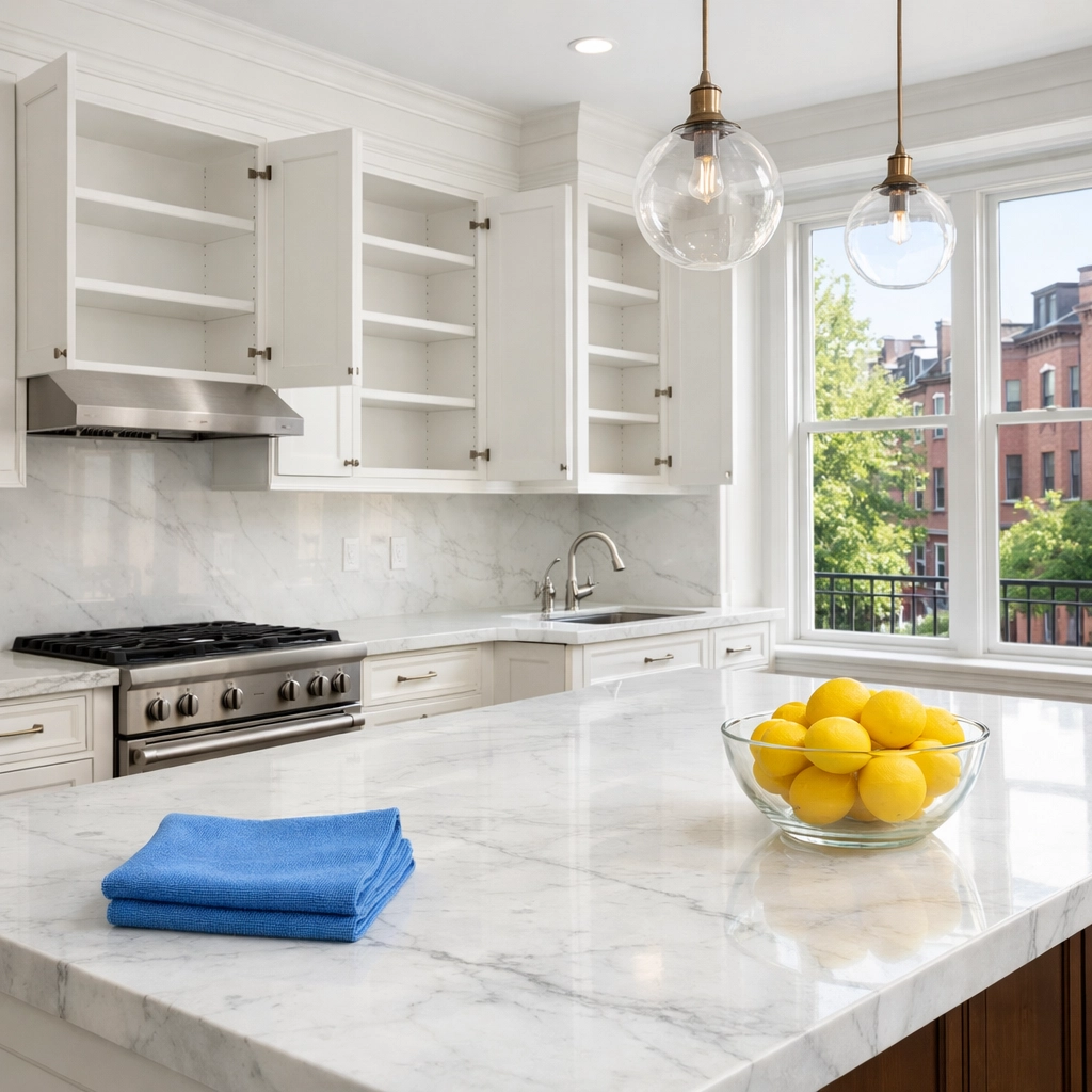Spotless kitchen in a Boston brownstone after a professional move-in cleaning service in Massachusetts.