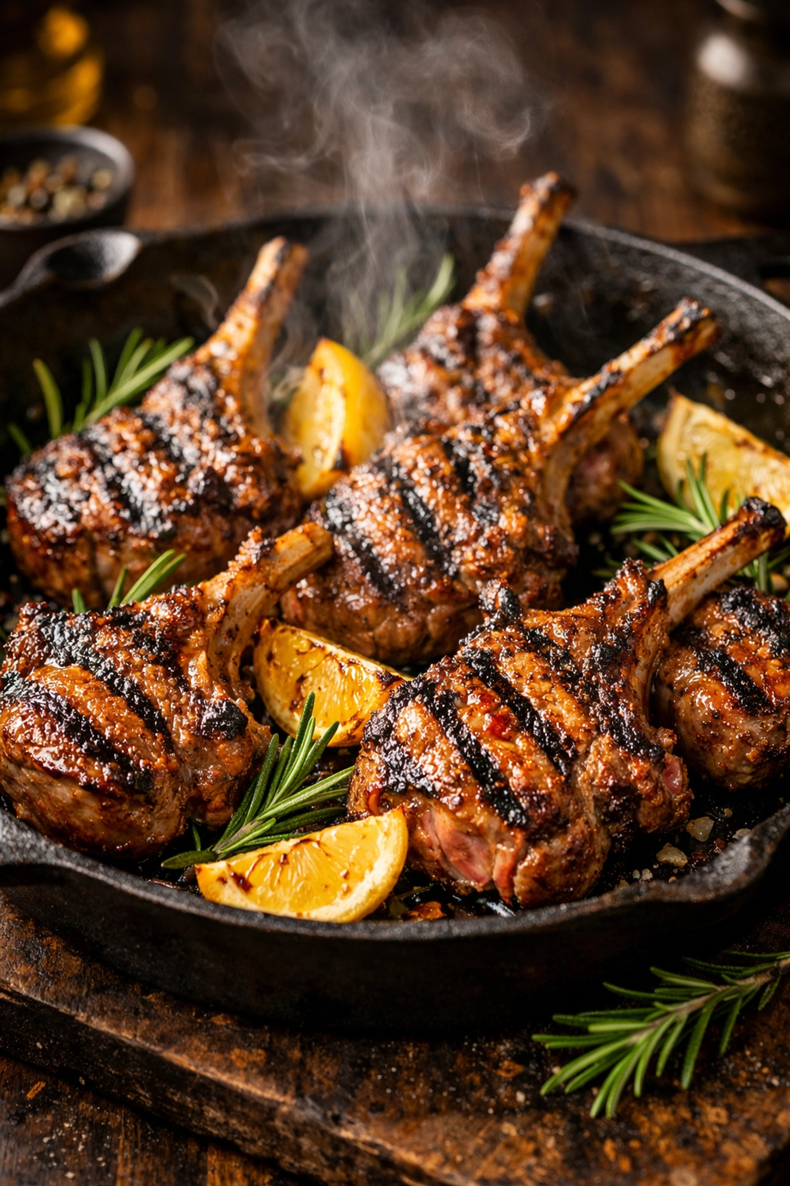 Grilled mutton chops with char marks on cast iron skillet