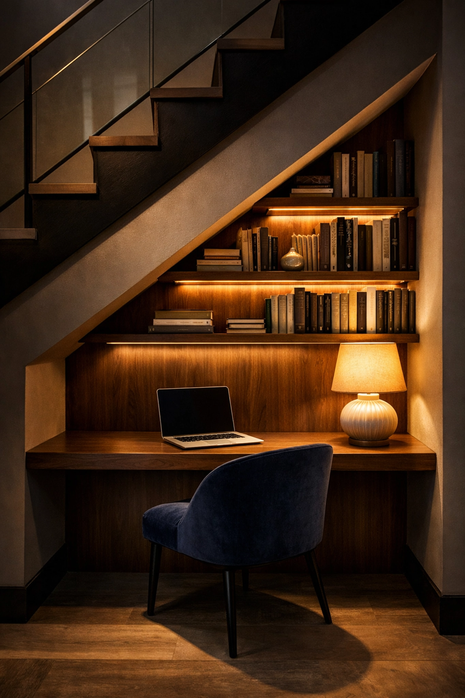Modern under-stairs home office with floating walnut desk and integrated shelving for remote working.