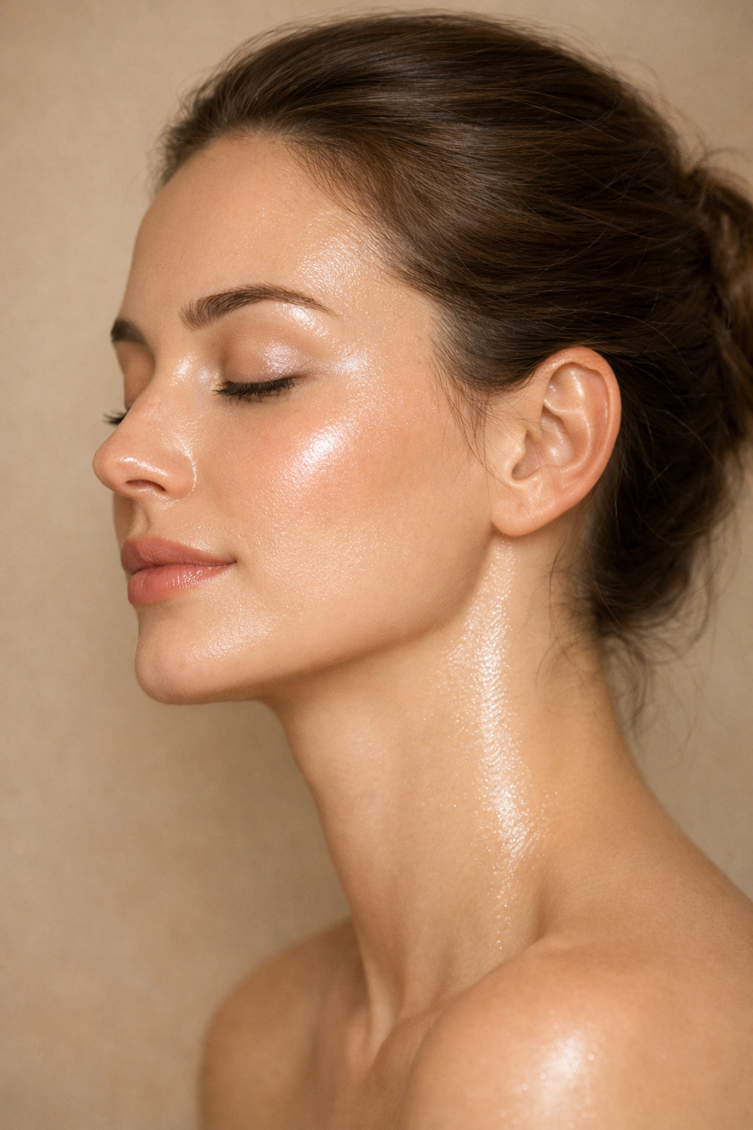 Woman with radiant glowing skin after using natural face oil for calming benefits