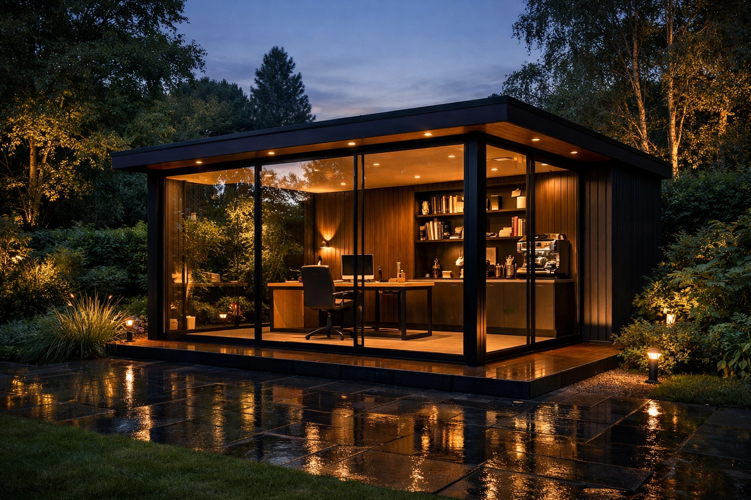 Luxury glass-walled garden office in West Sussex with modern timber cladding.