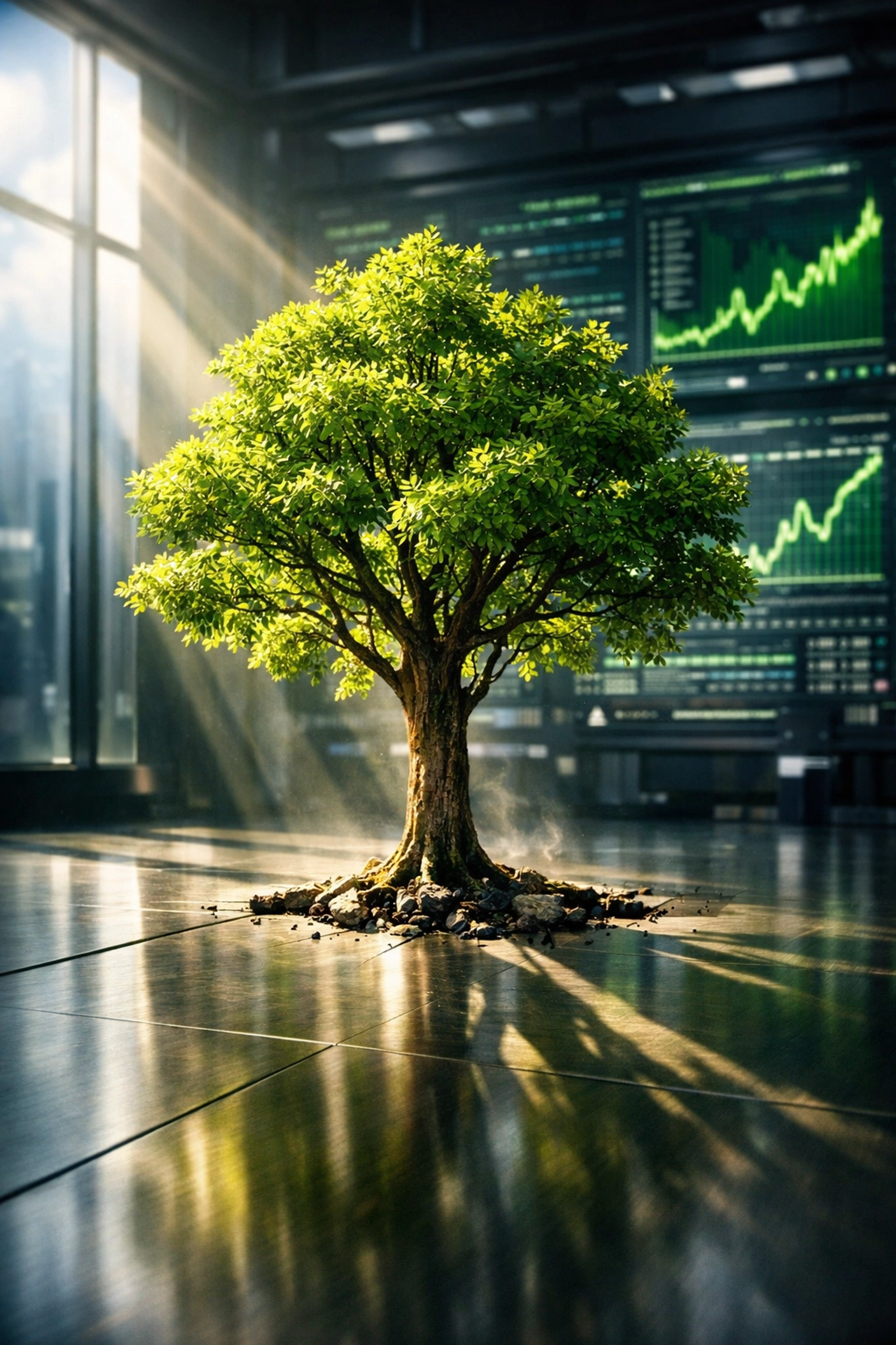 Vibrant tree growing in a high-tech lab symbolizing a data-driven business mindset and continuous growth.