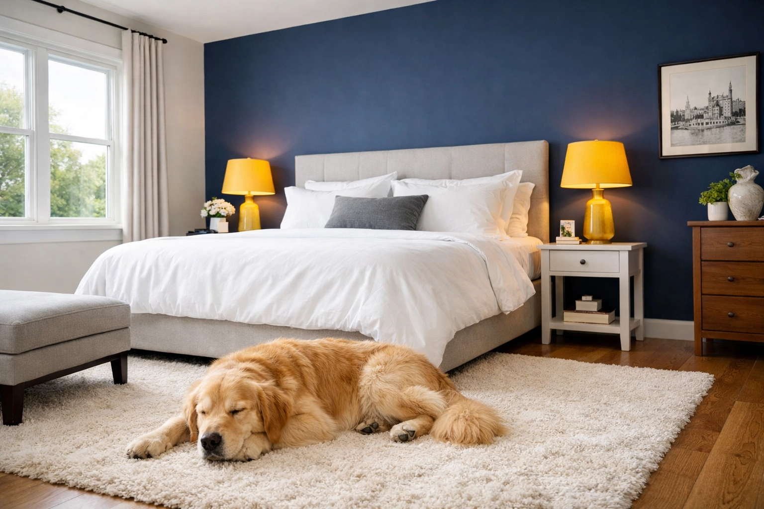 A clean Cambridge bedroom with a happy dog, showing the pet-safe benefits of eco-friendly house cleaning.