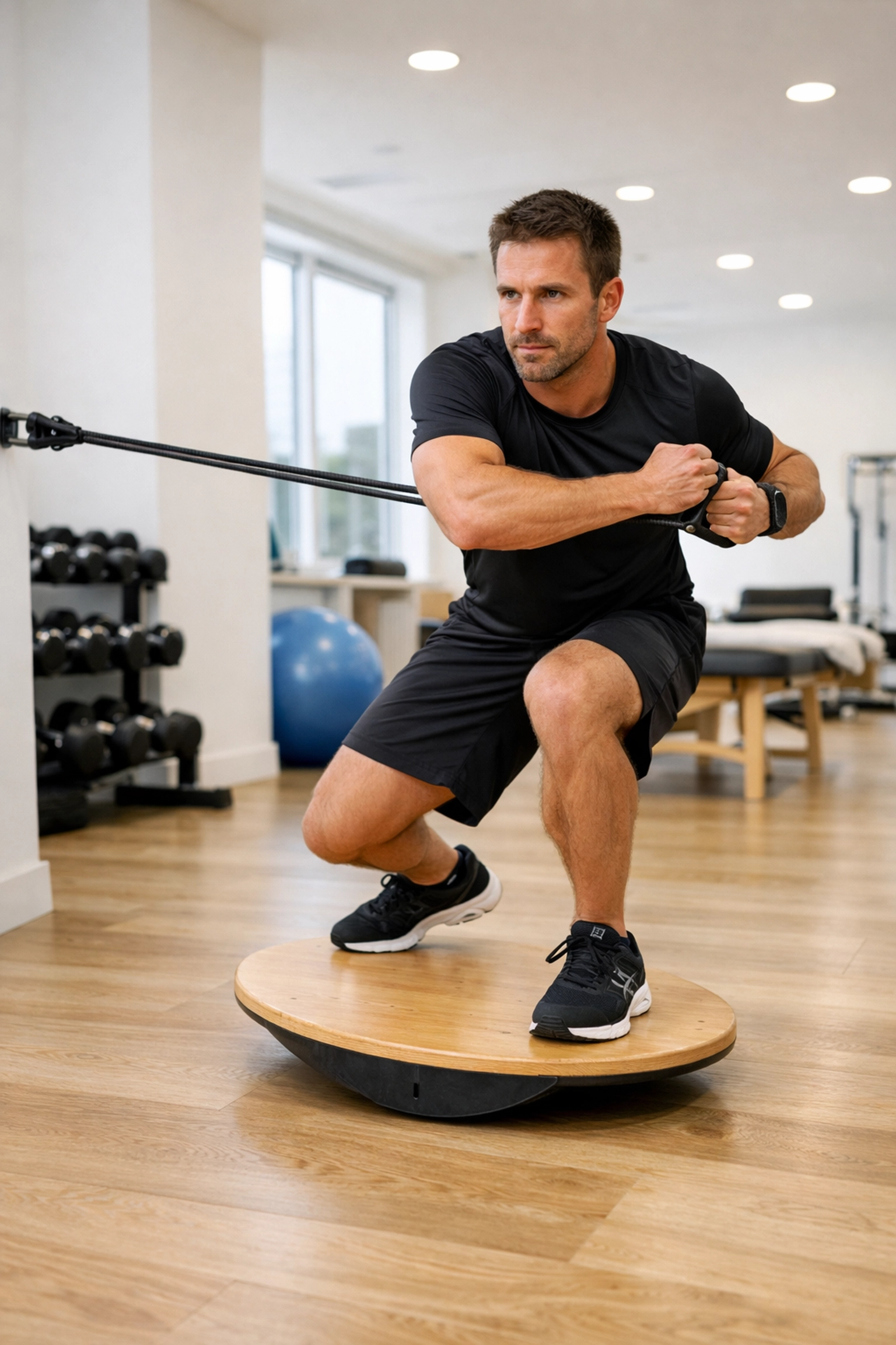 Athlete performing corrective stability exercises on a balance board for sports injury rehabilitation.