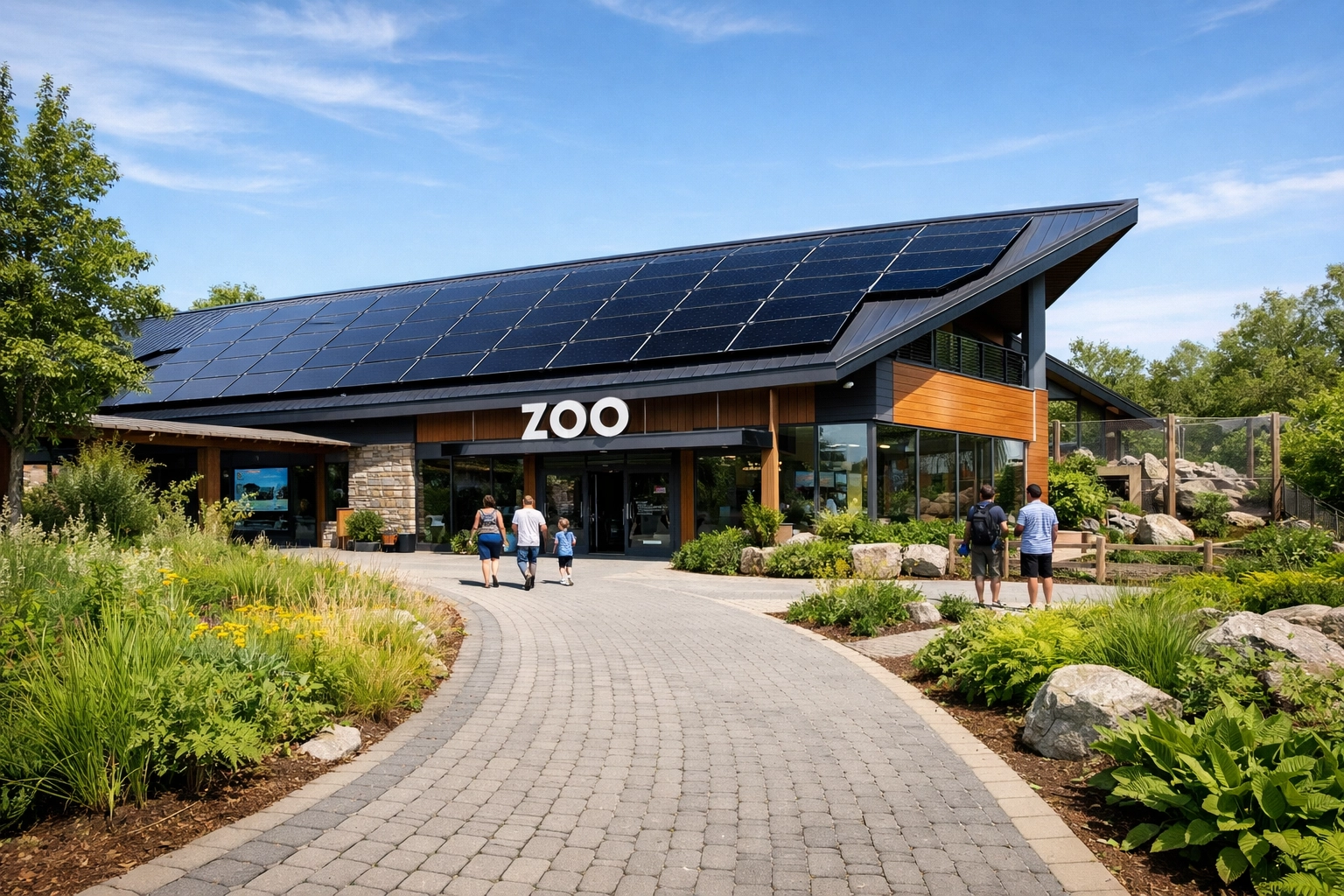 Eco-friendly zoo facility with rooftop solar panels showcasing sustainable energy practices.