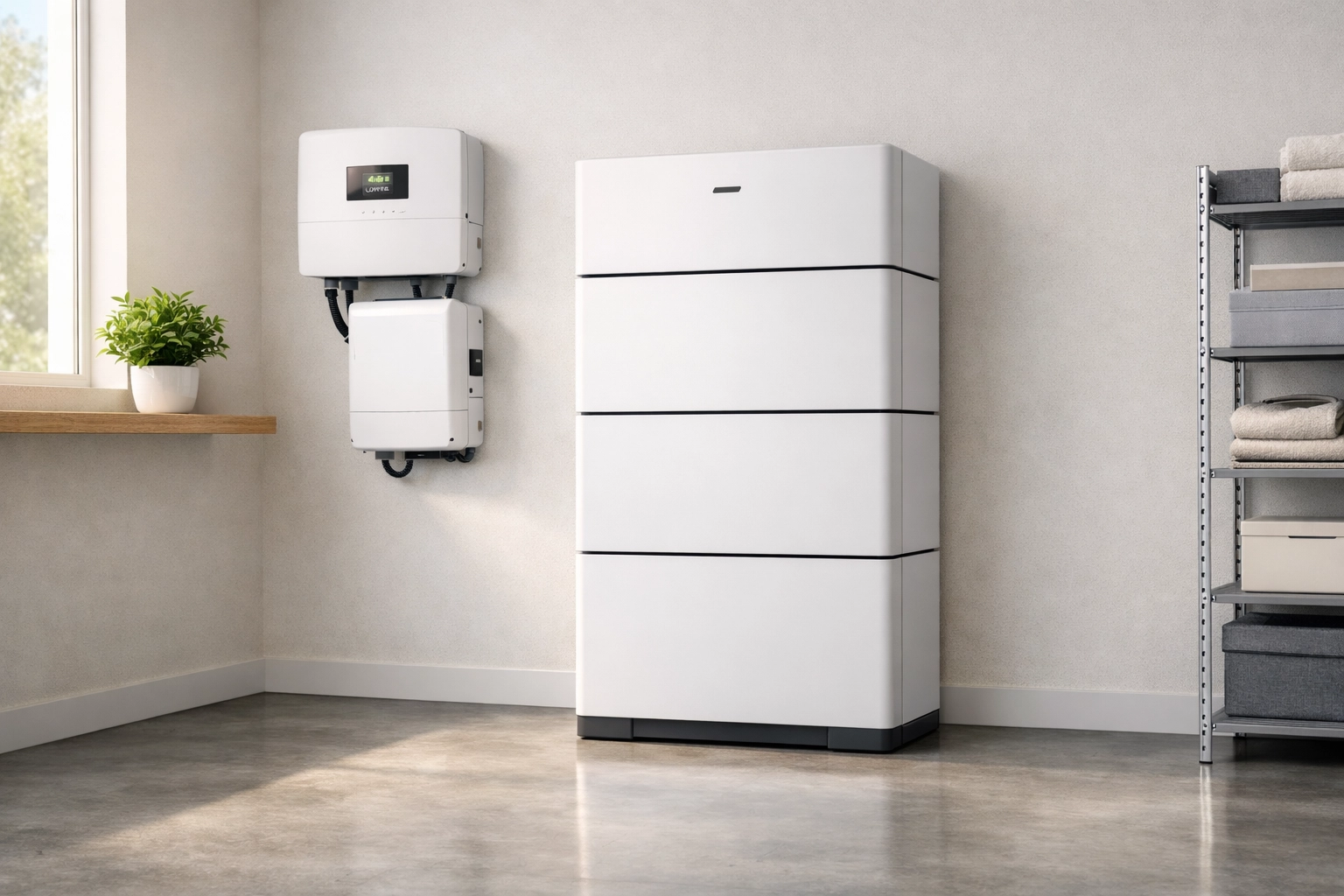 Modern hybrid solar battery storage system with integrated inverter installed in a home utility room.