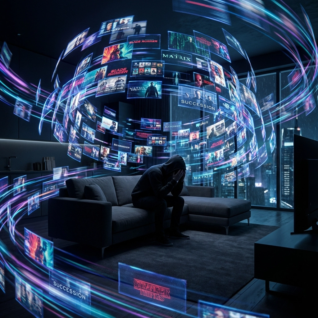A person in a dark room, head in hands, surrounded by swirling screens with streaming show covers. Cityscape visible through glass wall.