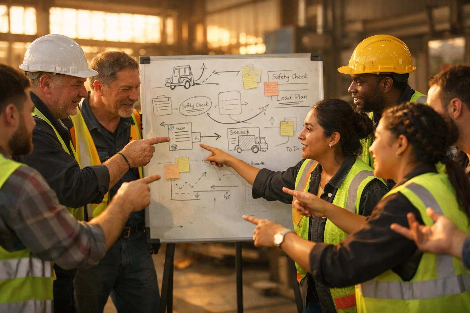 Diverse workers collaborating on safety solutions in industrial workplace setting