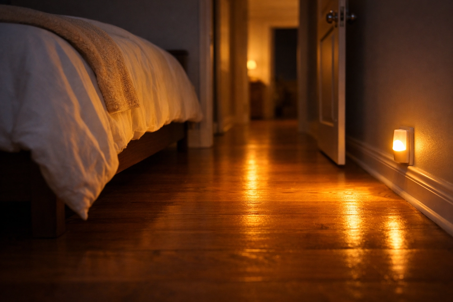 Motion-activated nightlight illuminating bedroom pathway to prevent nighttime falls