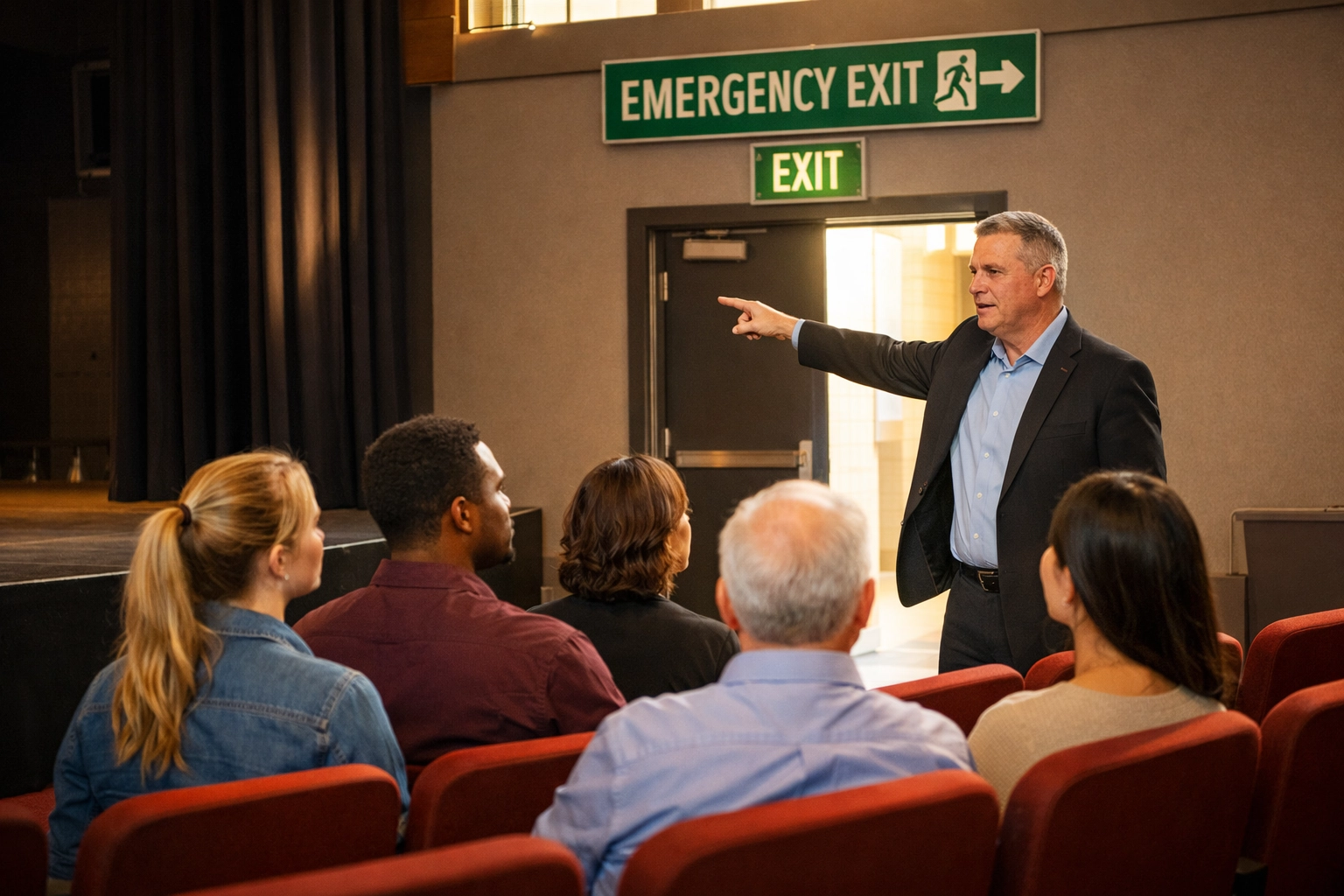 Staff receiving Martyn's Law compliance training in a modern venue for standard tier preparedness.