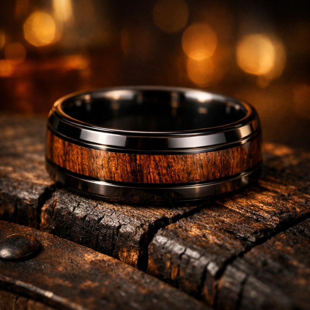 Men's whiskey barrel wood inlay wedding band with black zirconium resting on a rustic oak barrel.