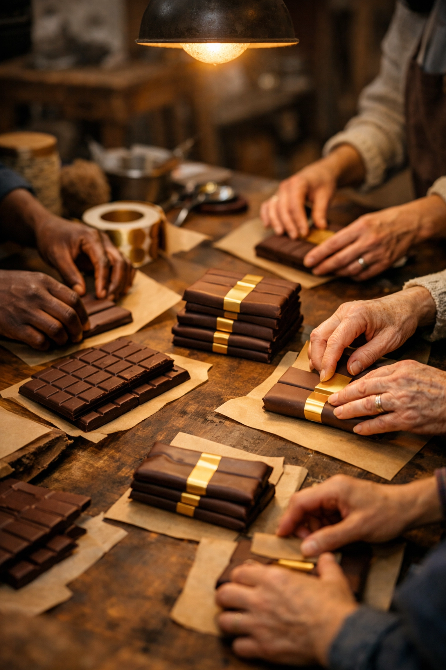Craft chocolate makers collaborating to wrap finished artisan chocolate bars in small production space