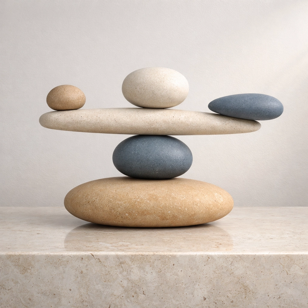 A balanced stone sculpture symbolizing the stabilizing Spokane real estate market and home inventory.