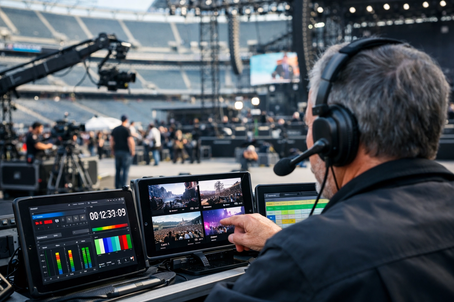 Veteran sports media director reviewing project metrics and stadium production setup