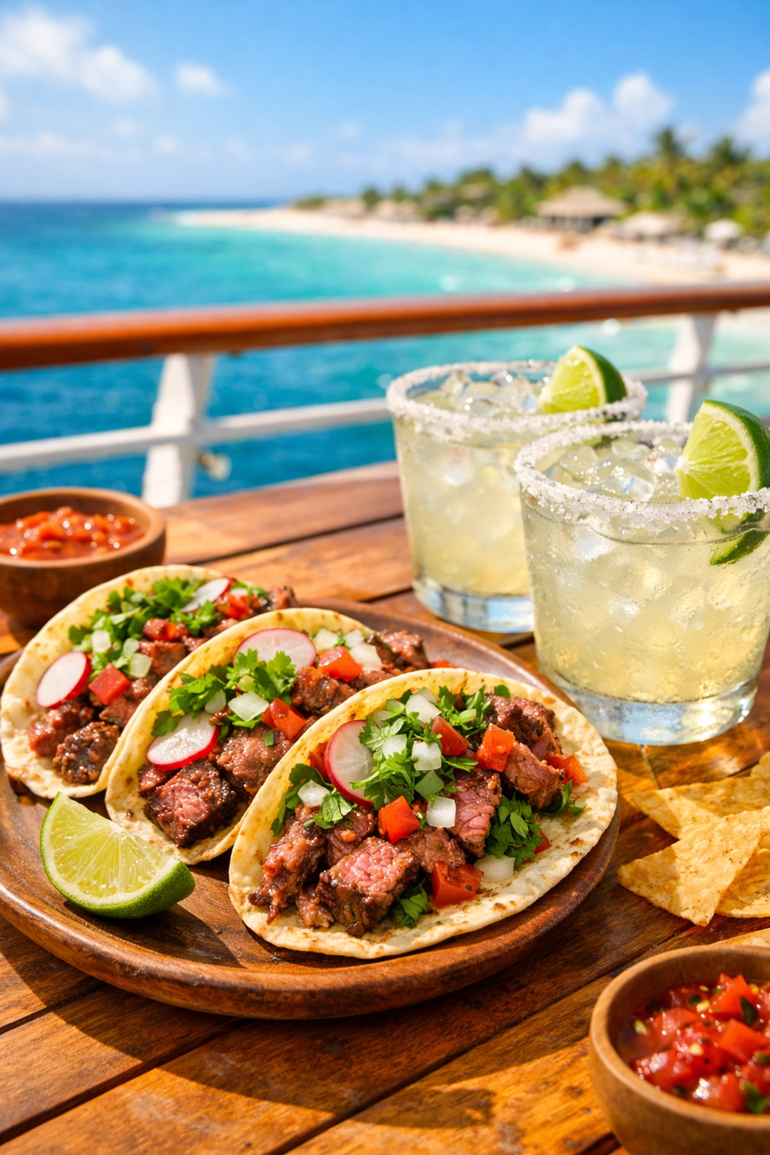 Tacos and margaritas on a sunny Caribbean cruise deck, a perfect birthday group cruise deal.