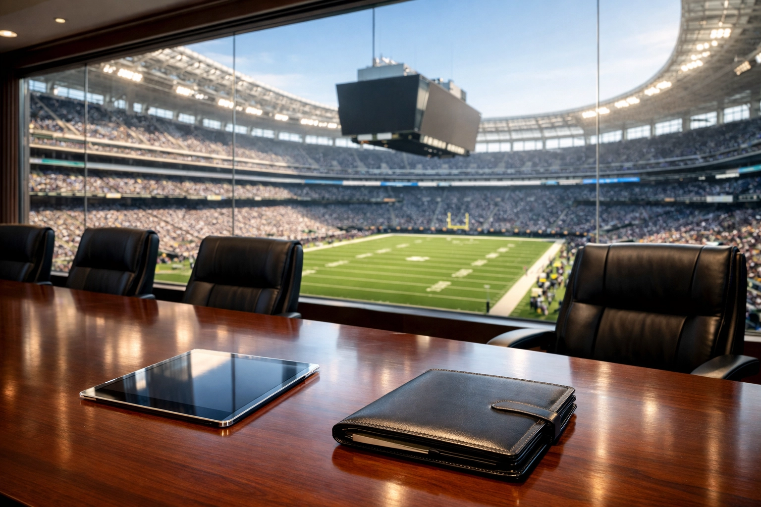 Corporate boardroom with a view of a football stadium, showing Super Bowl executive networking strategy planning.