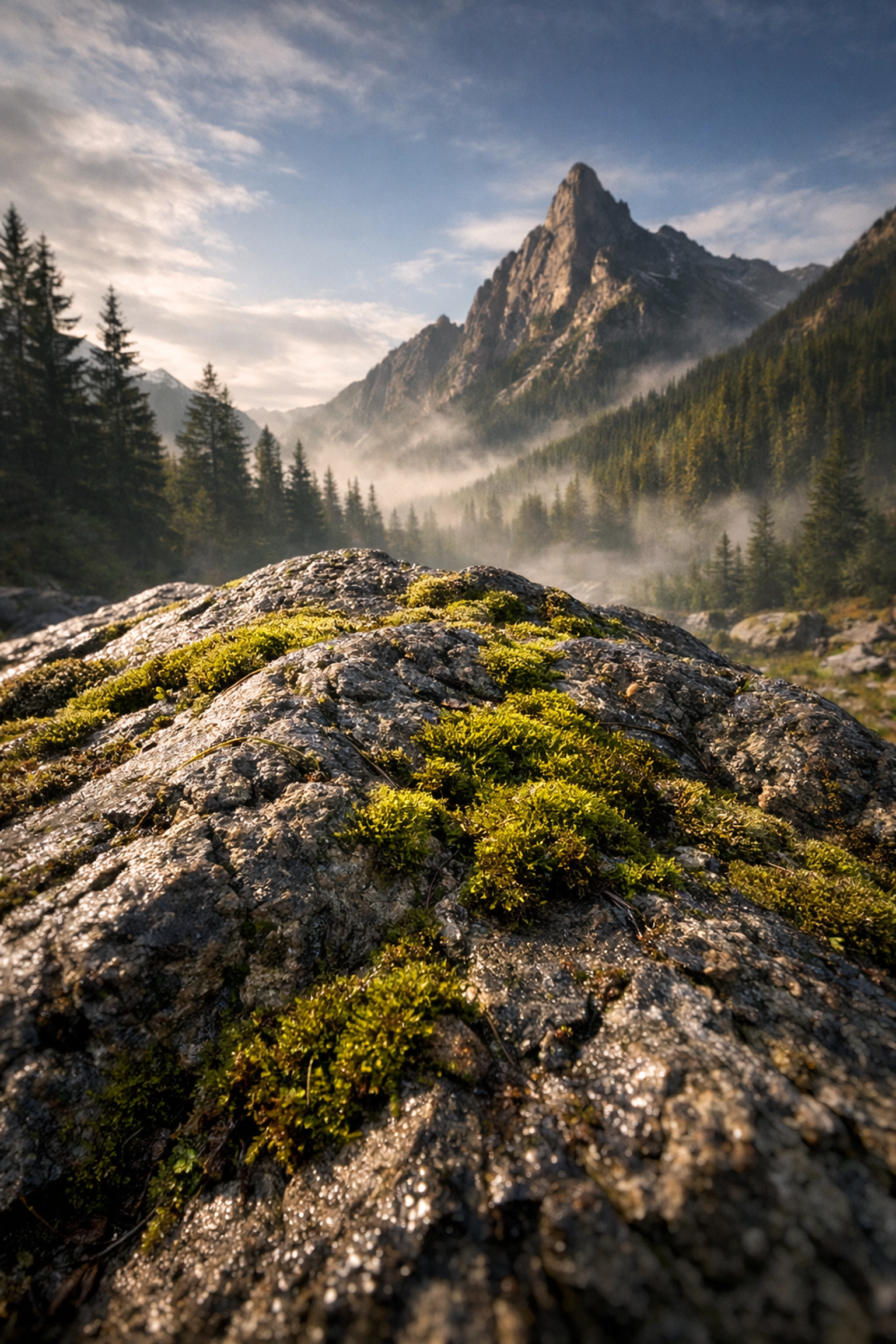 Close-up wide-angle shot of a mossy rock to fix landscape photography composition mistakes.