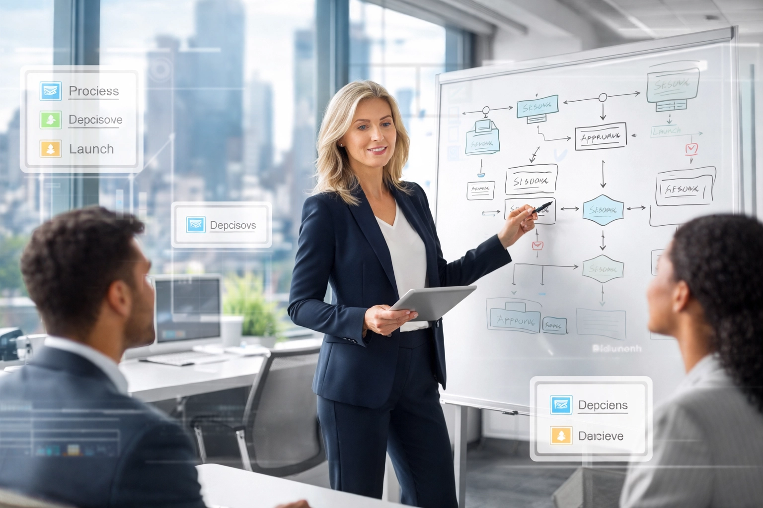 COO leads culture strategy session for scaling in an open-plan Chicago office with workflow diagrams.